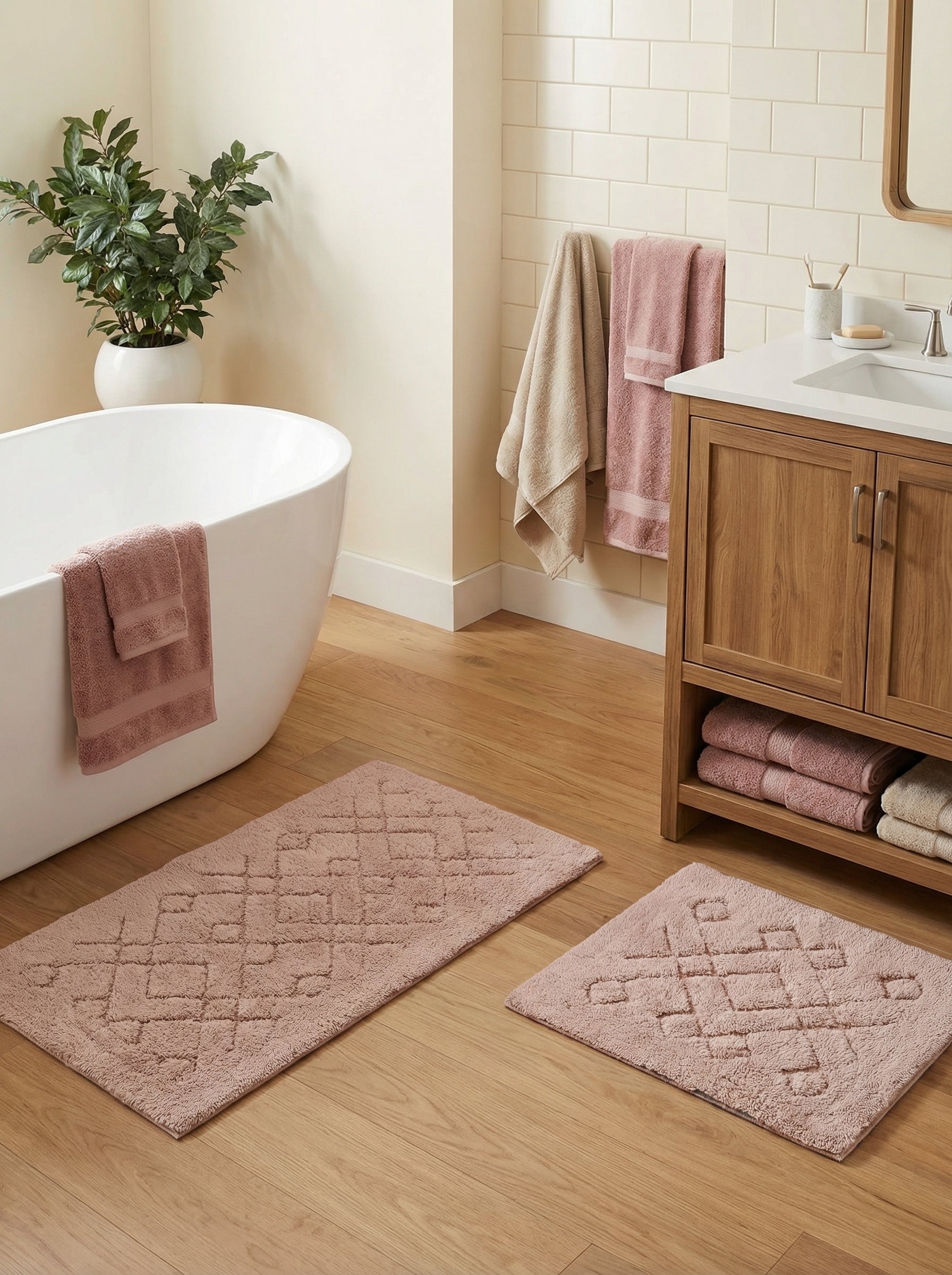 Deux tapis de bain rectangulaires en bouclette rose poudré, aux motifs géométriques en relief, posés sur un parquet dans une salle de bain