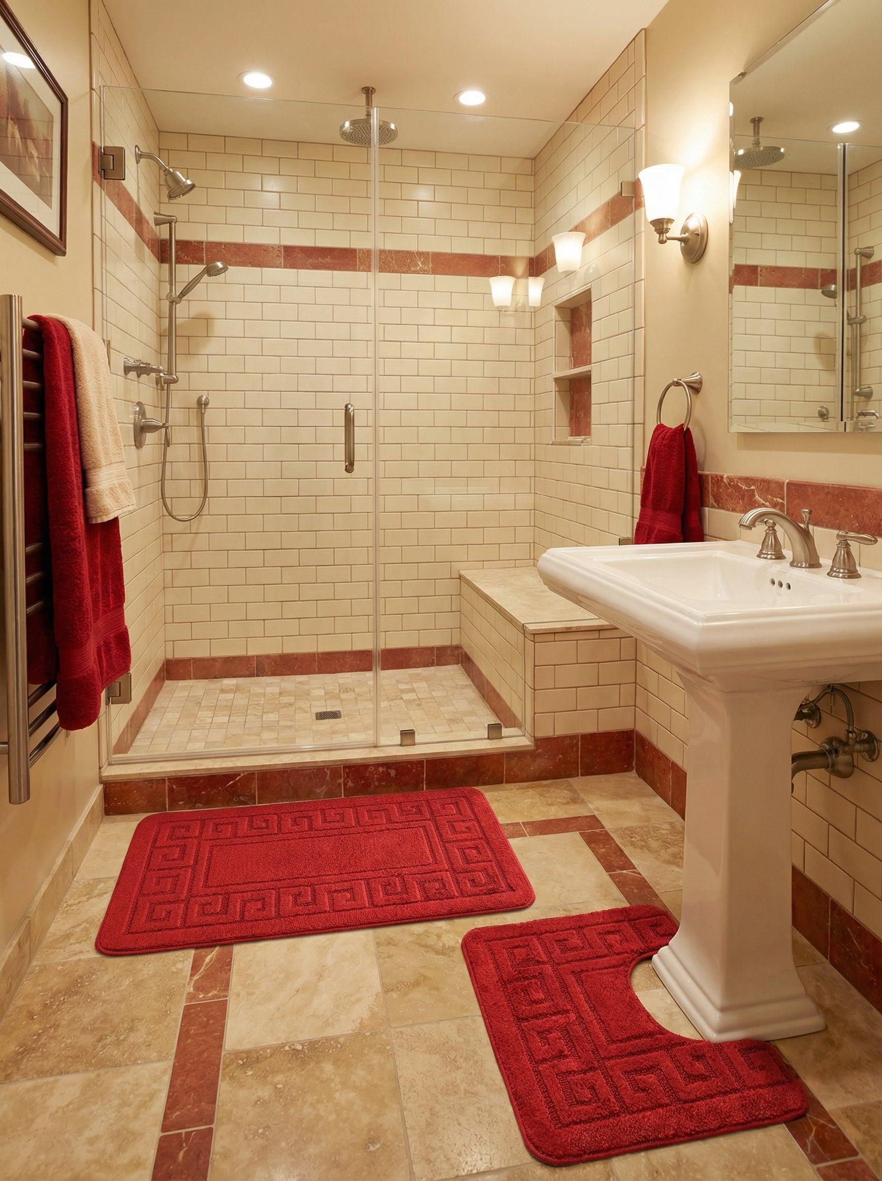 Deux tapis de bain rouges en tissu éponge à motifs de frise grecque, l'un rectangulaire et l'autre en U, posés sur le carrelage d'une salle de bain