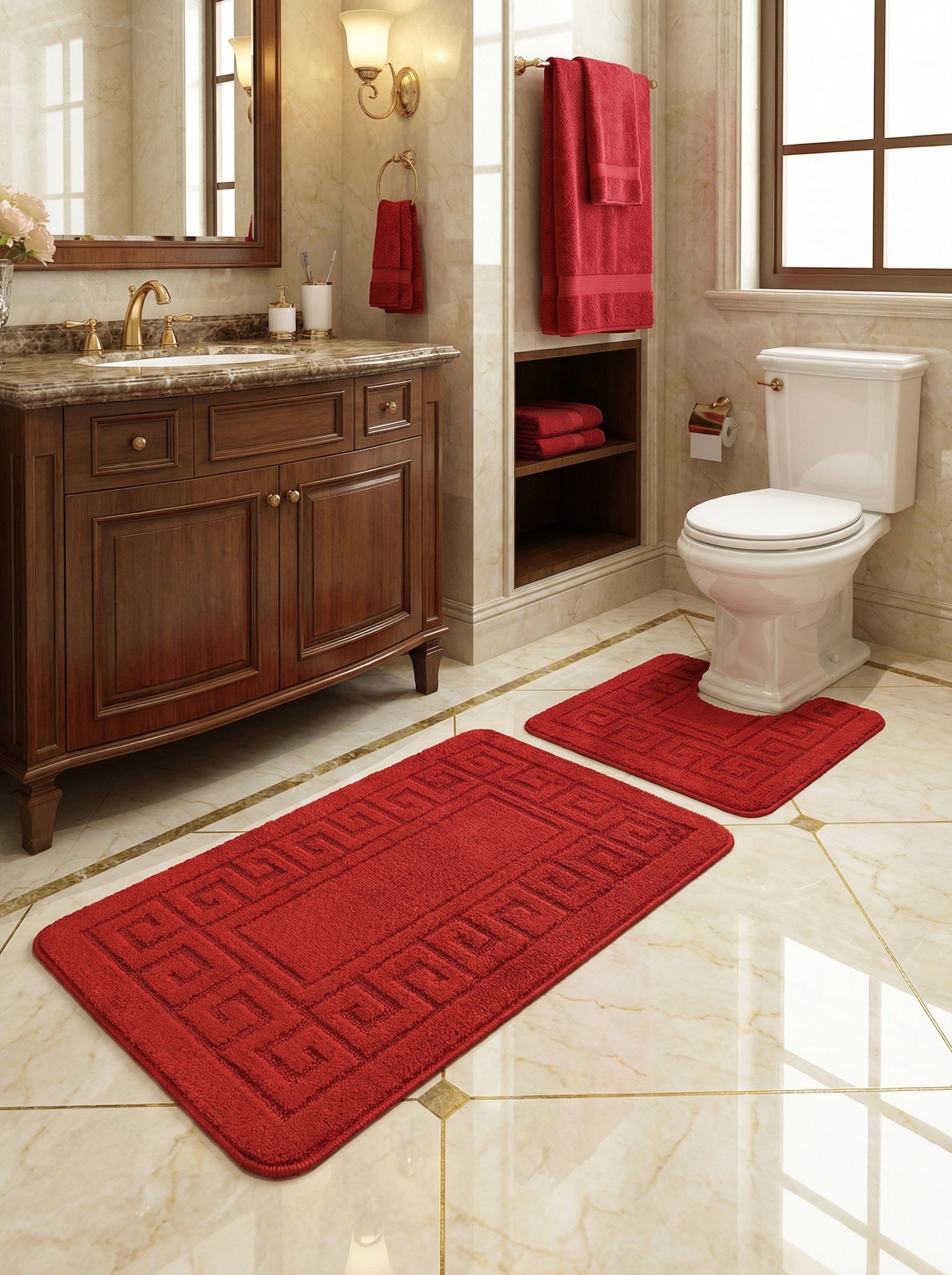 Deux tapis de bain rouges en tissu éponge avec un motif géométrique grec, posés sur un sol carrelé dans une salle de bain élégante