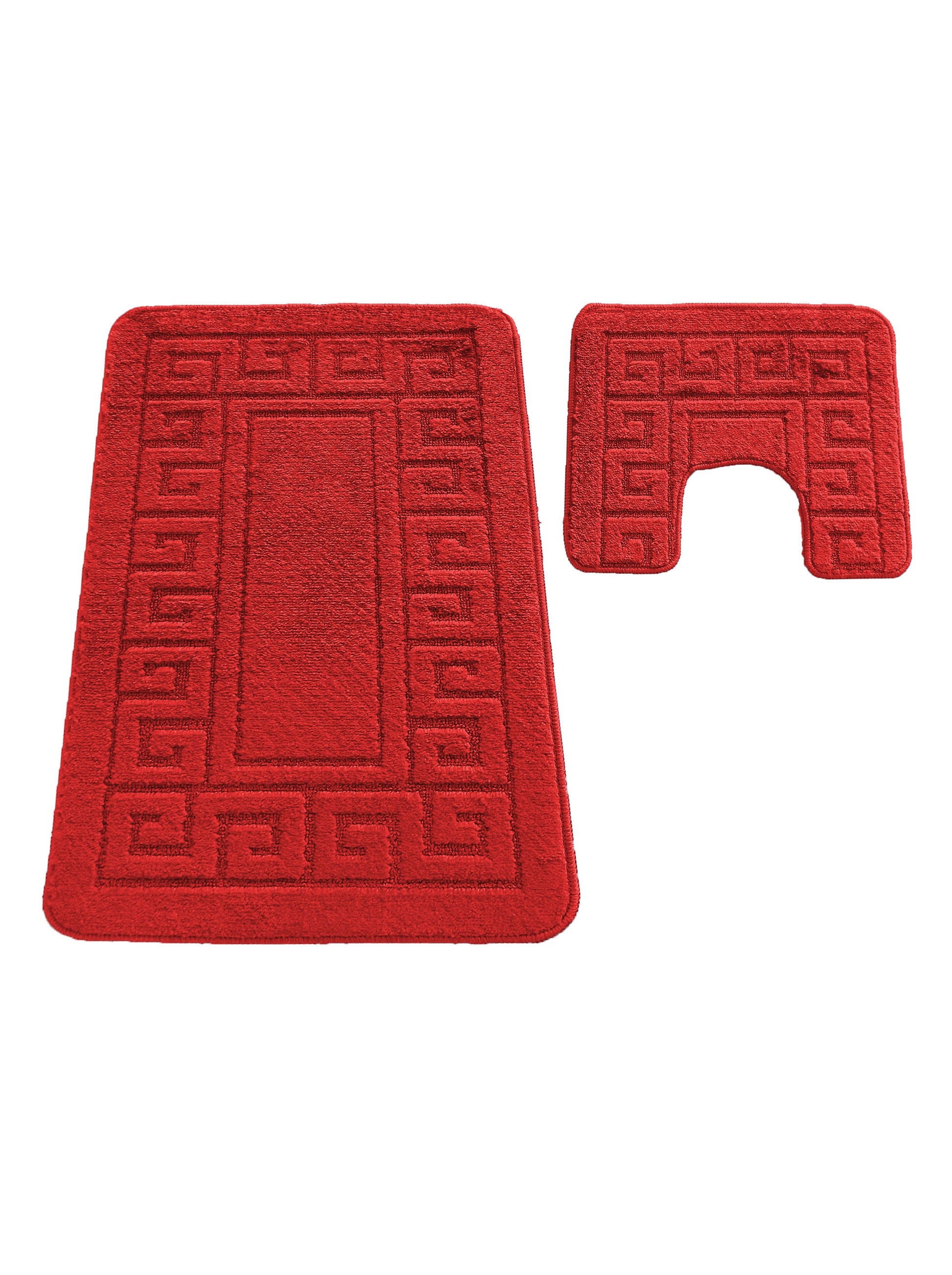 Ensemble de tapis rouges en textile à poil court, incluant un grand tapis rectangulaire et un tapis en U avec motif grec