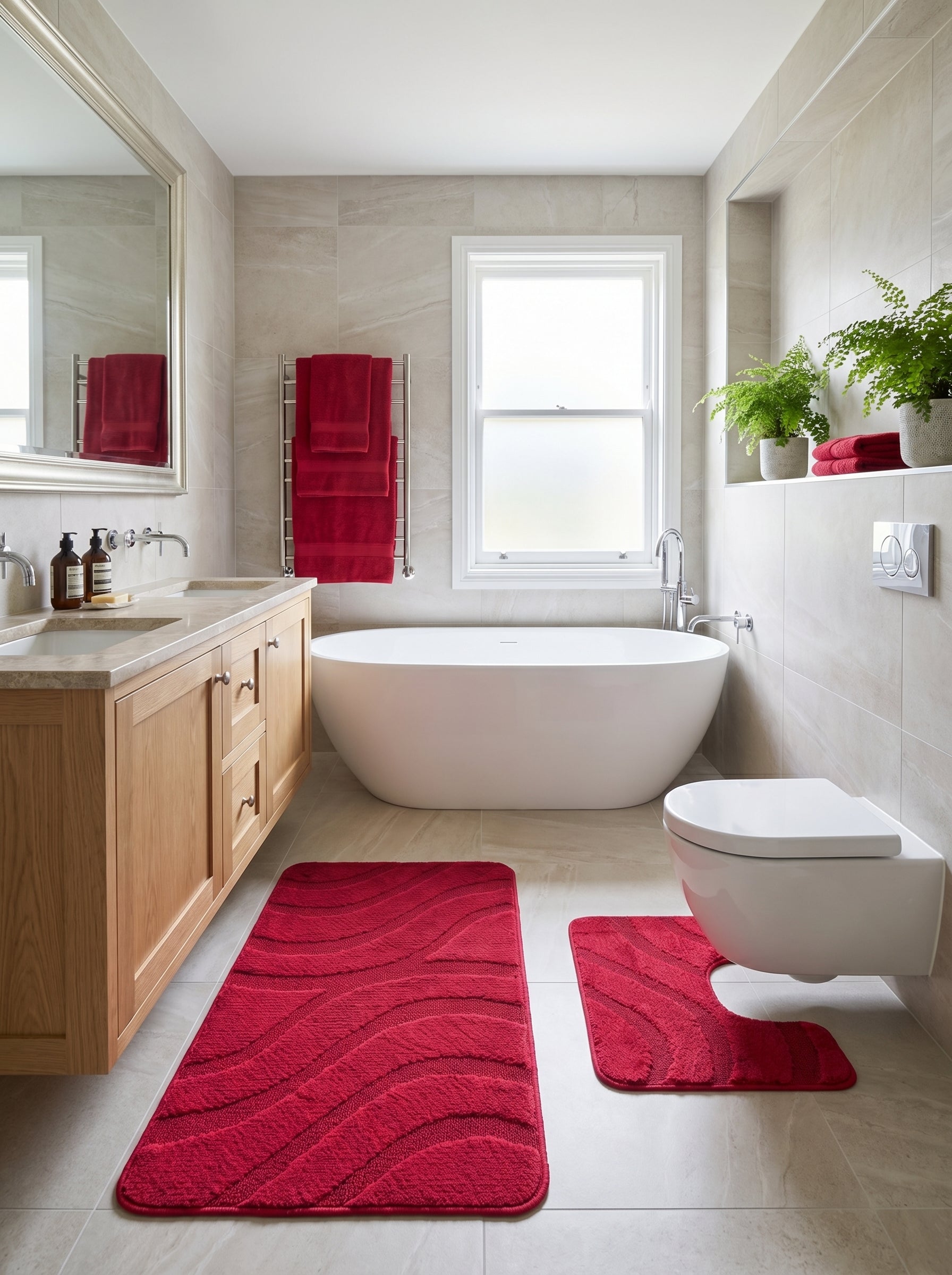 Deux tapis de bain rouges, l'un rectangulaire et l'autre en U, avec des motifs ondulés, dans une salle de bain moderne