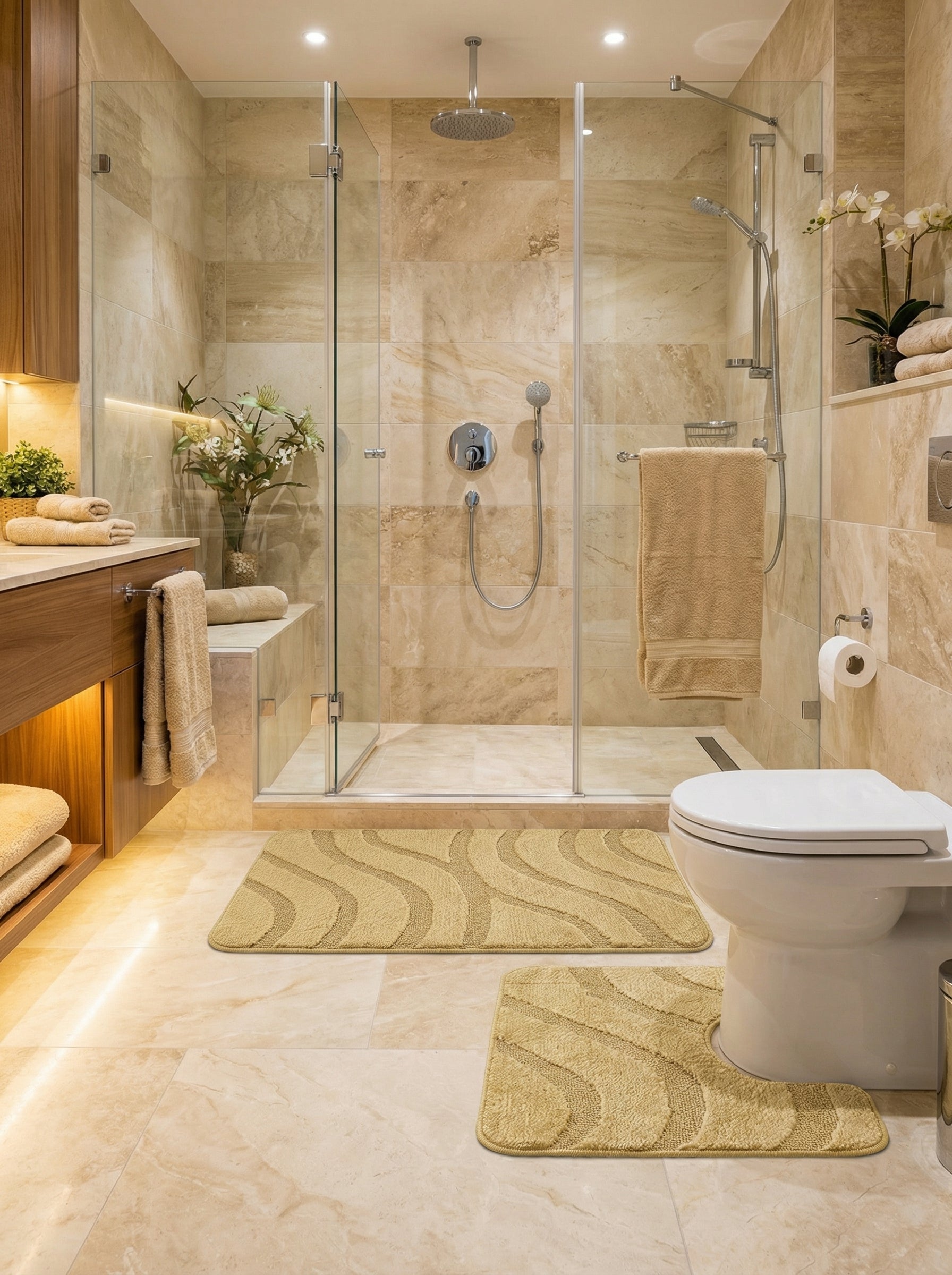 Tapis de bain beiges moelleux aux motifs ondulés en relief, un grand devant la douche et un contour de toilettes, dans une salle de bain claire