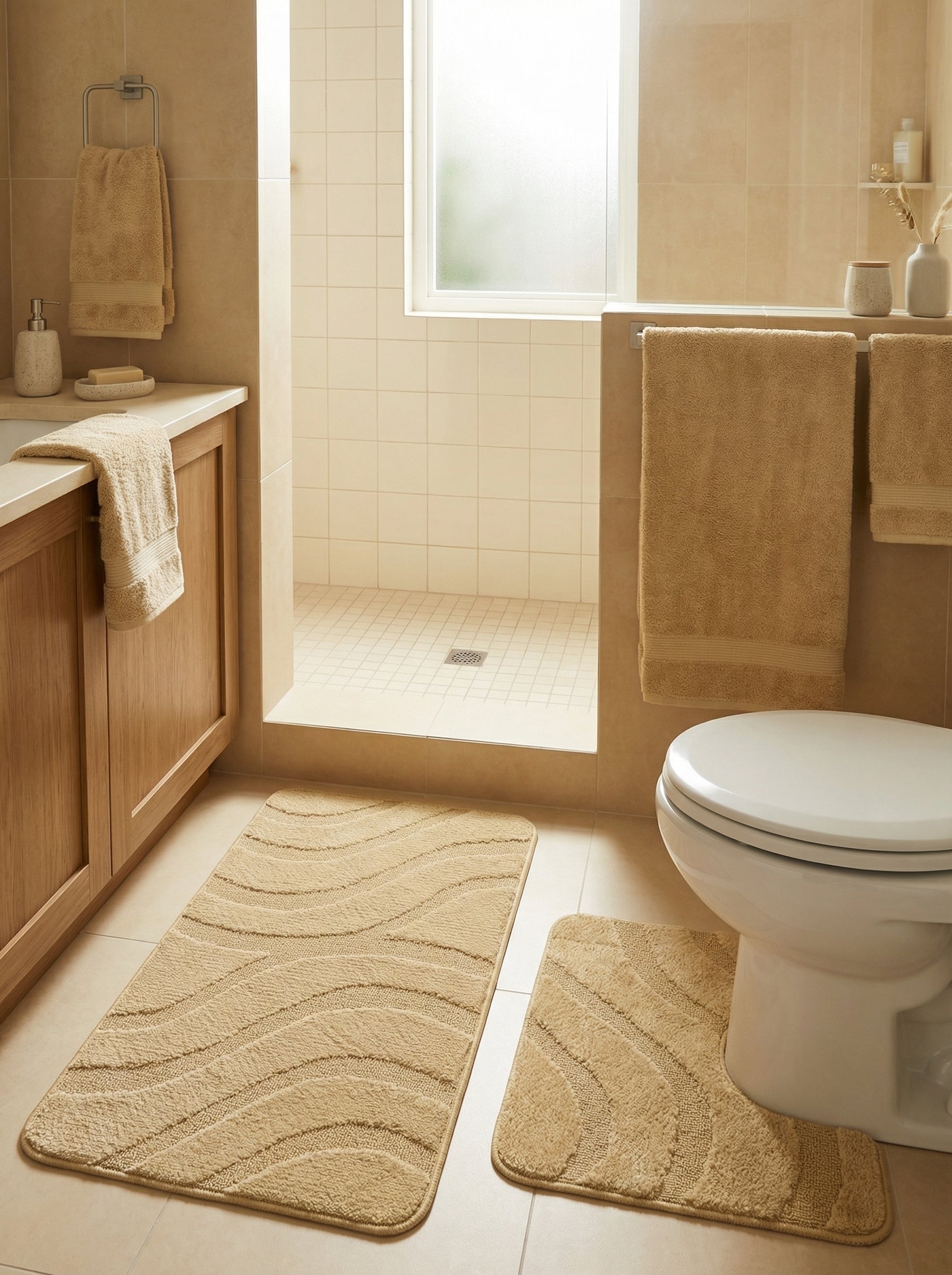 Ensemble de tapis de bain couleur sable, l'un rectangulaire et l'autre en U, avec des motifs de vagues texturées, dans une salle de bain claire