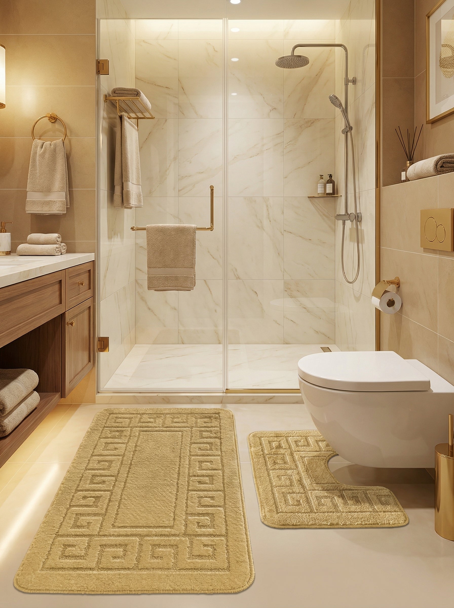 Tapis de bain beige en deux pièces, l'une rectangulaire, l'autre en U, ornés d'un motif géométrique en relief dans une salle de bain