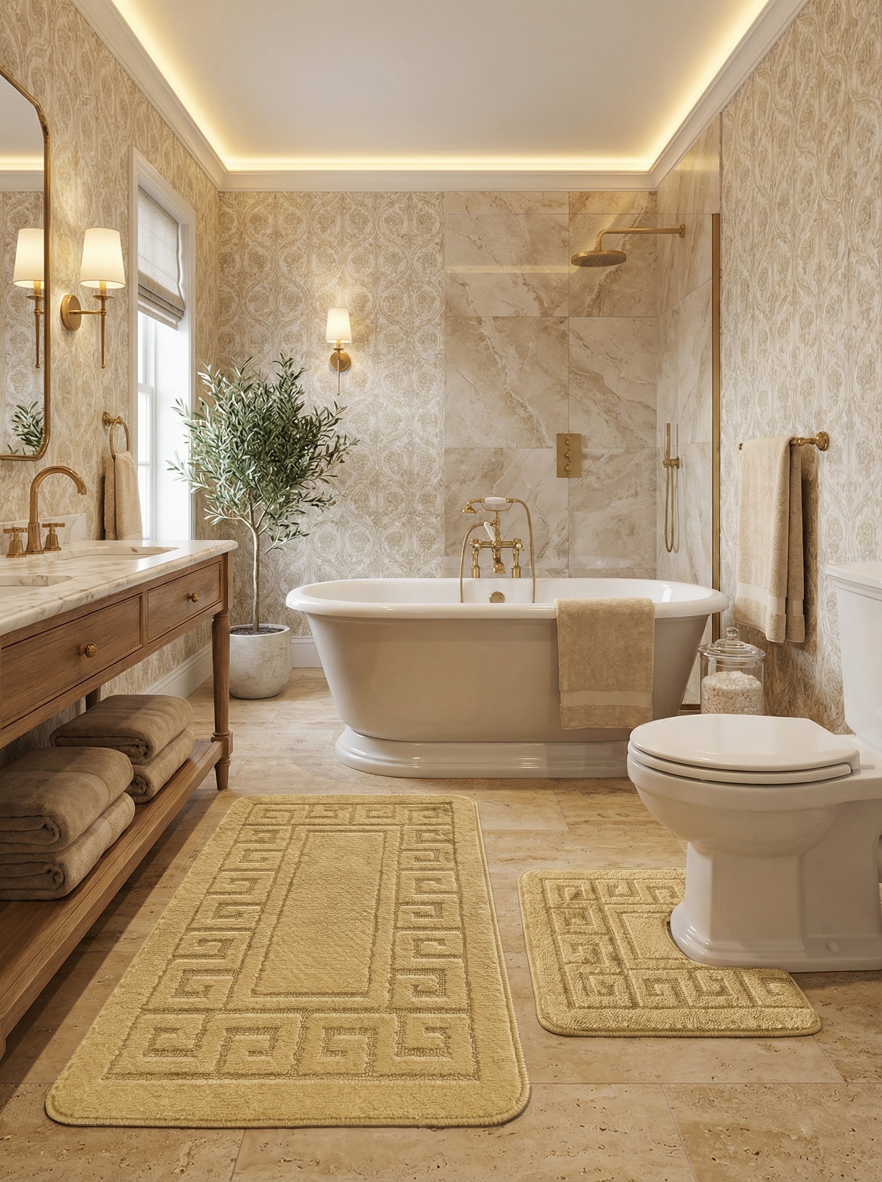 Tapis de bain beiges texturés, l'un rectangulaire et l'autre en U, ornés d'un motif de frise grecque, dans une salle de bain