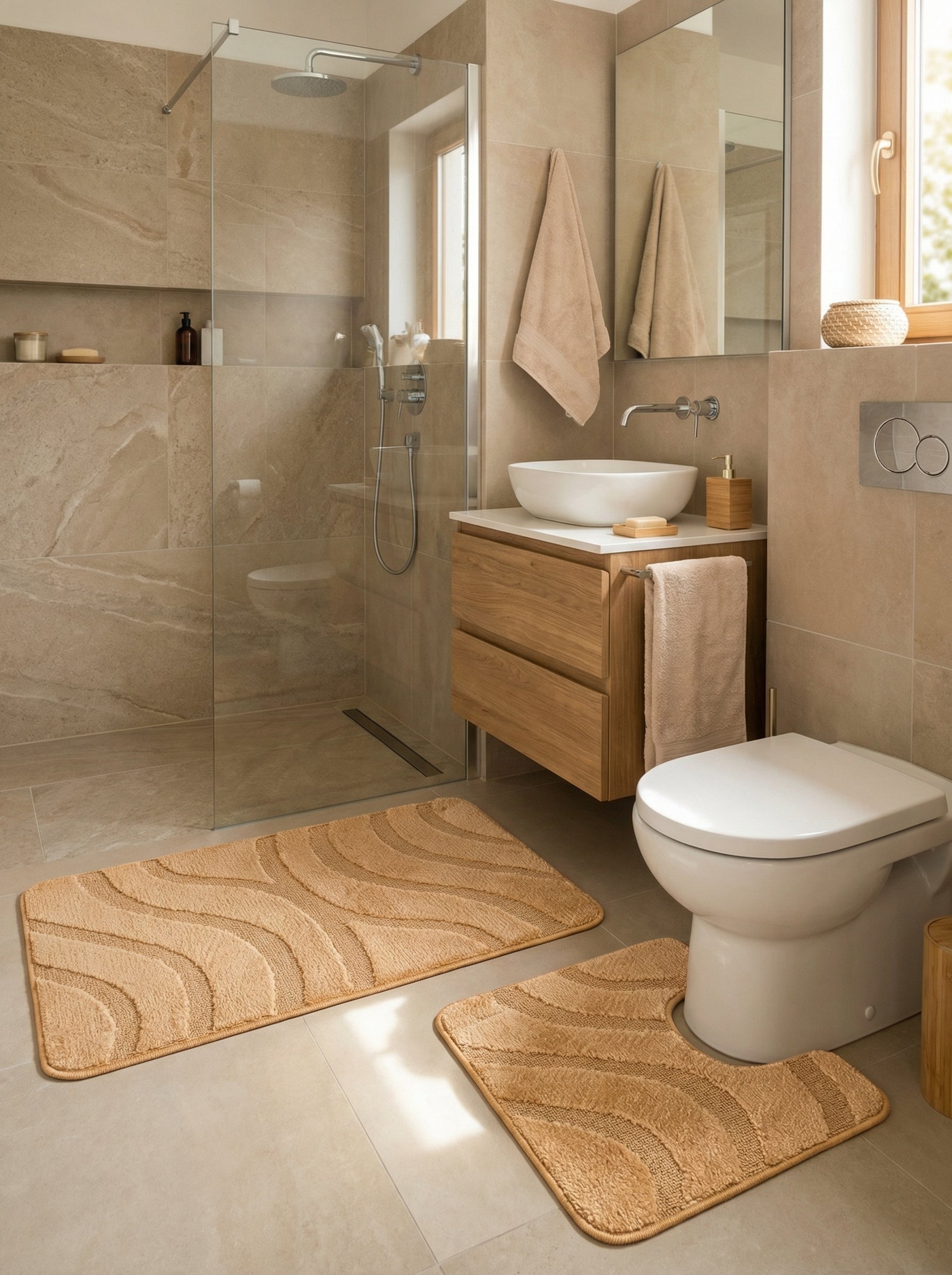 Deux tapis de bain doux beige, un rectangulaire et un en U, avec des motifs ondulés en relief, posés sur le sol d'une salle de bain
