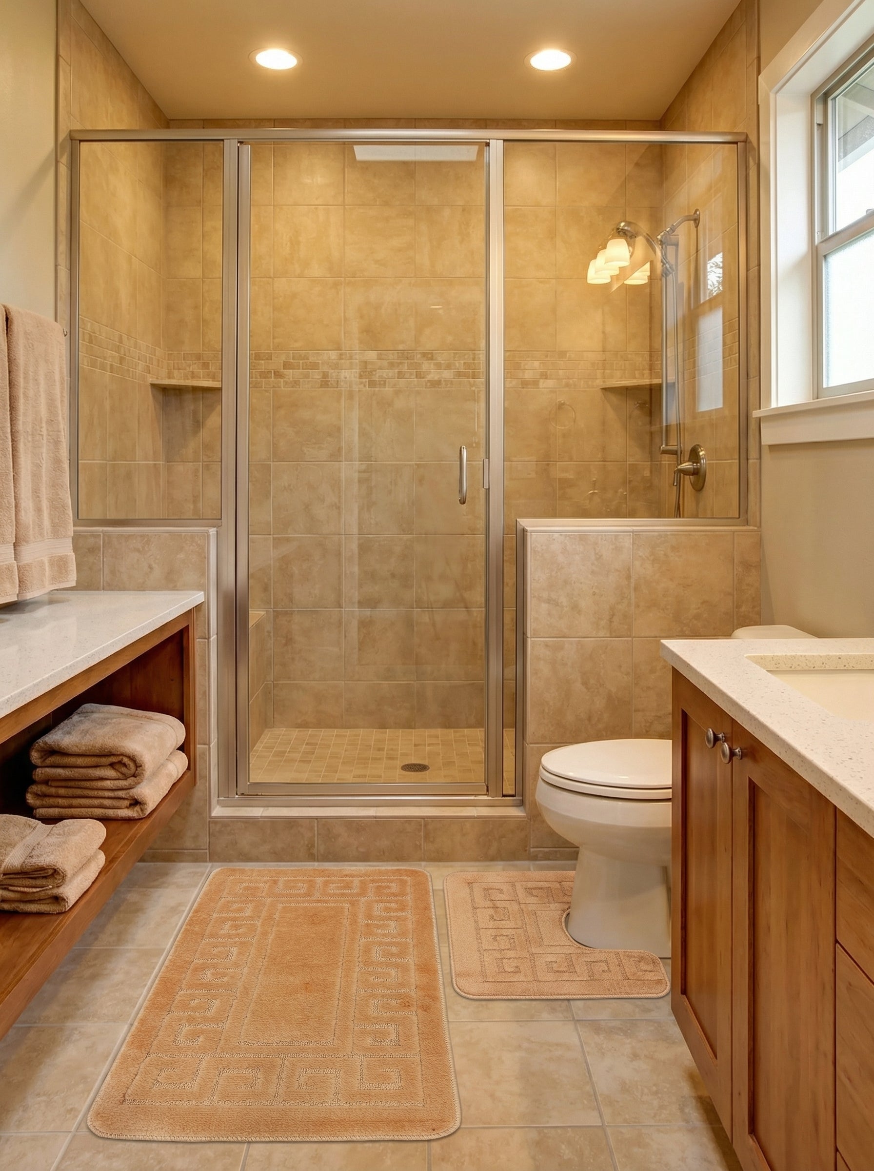 Deux tapis de bain moelleux beiges, l'un rectangulaire et l'autre en U, avec des motifs géométriques en relief, dans une salle de bain carrelée