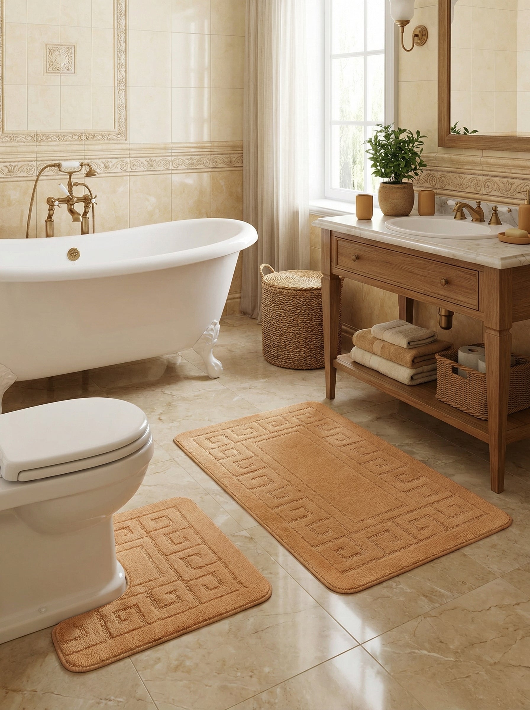 Deux tapis marron clair moelleux avec des motifs géométriques, l'un rectangulaire et l'autre en U, dans une salle de bain