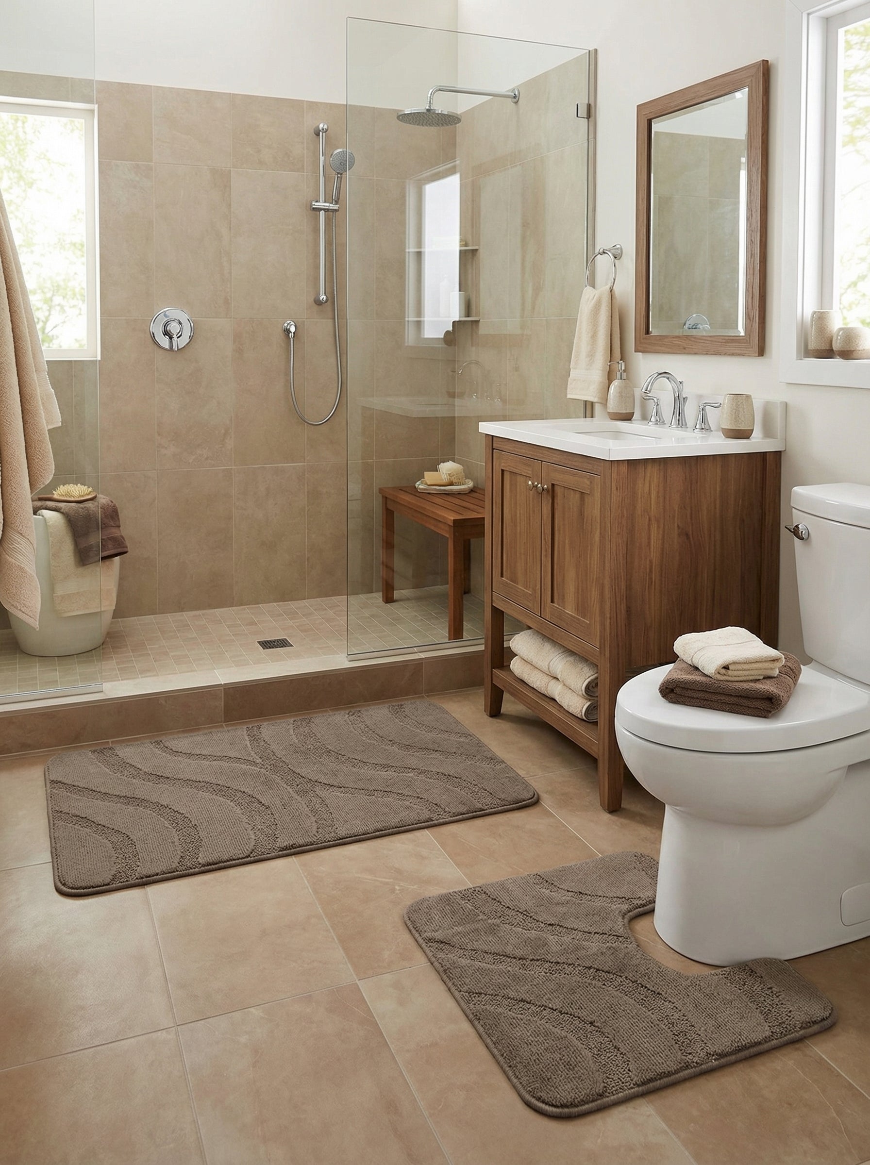 Deux tapis de bain taupe moelleux, un rectangulaire et un en U, avec des motifs ondulés texturés, dans une salle de bain lumineuse