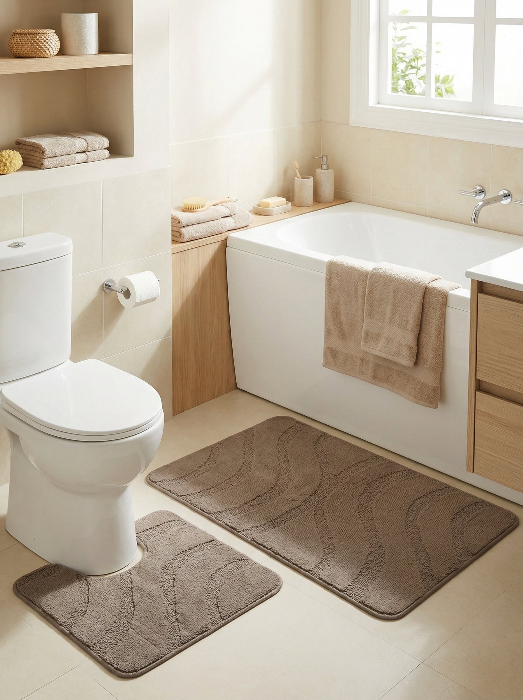 Deux tapis de bain doux taupe, aux motifs ondulés en relief, un rectangulaire et un en U, dans une salle de bain