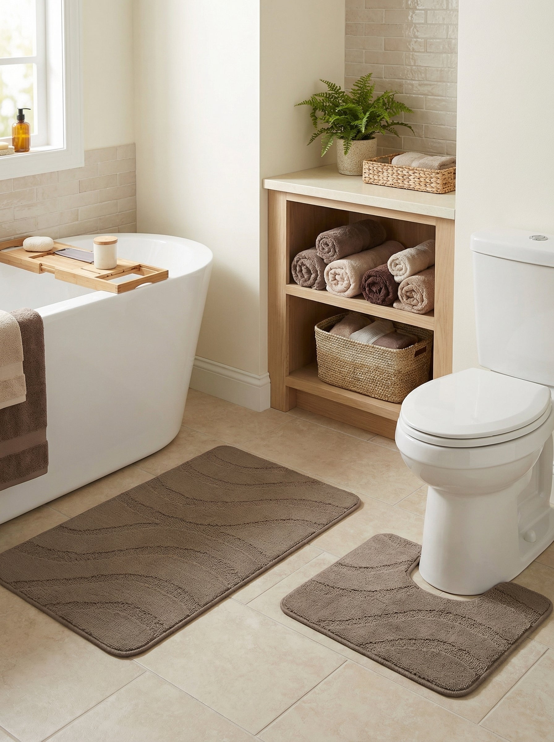 Paire de tapis de bain moelleux marron taupe avec motifs ondulés en relief dans une salle de bain