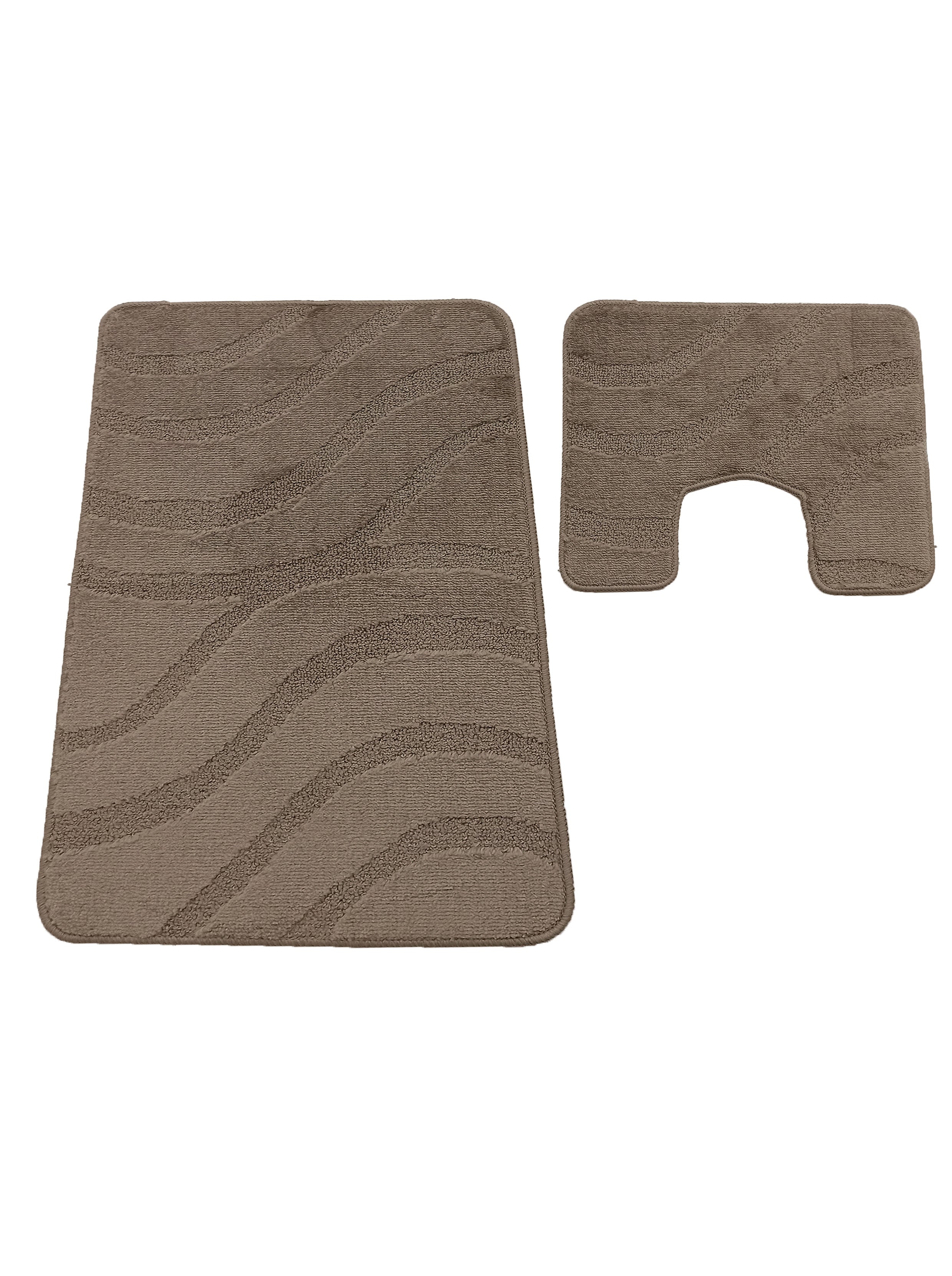 Deux tapis textiles brun clair aux motifs de vagues en relief, l'un rectangulaire et l'autre en forme de U