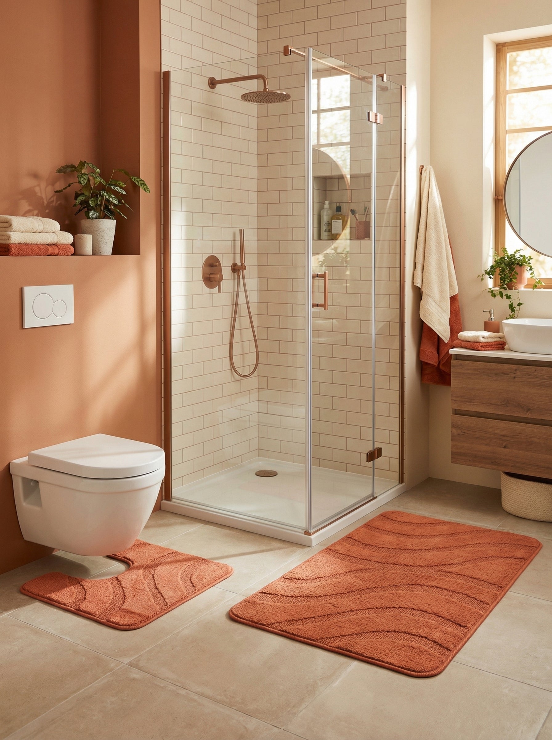 Deux tapis doux couleur terre cuite avec motifs ondulés en relief, un rectangulaire et un en U, dans une salle de bain