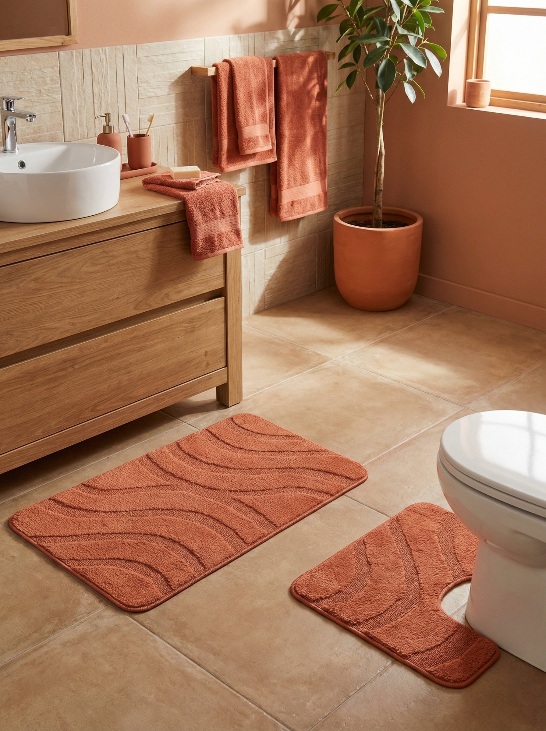 Deux tapis de bain couleur terre cuite à motifs de vagues en relief, aux formes adaptées, dans une salle de bain