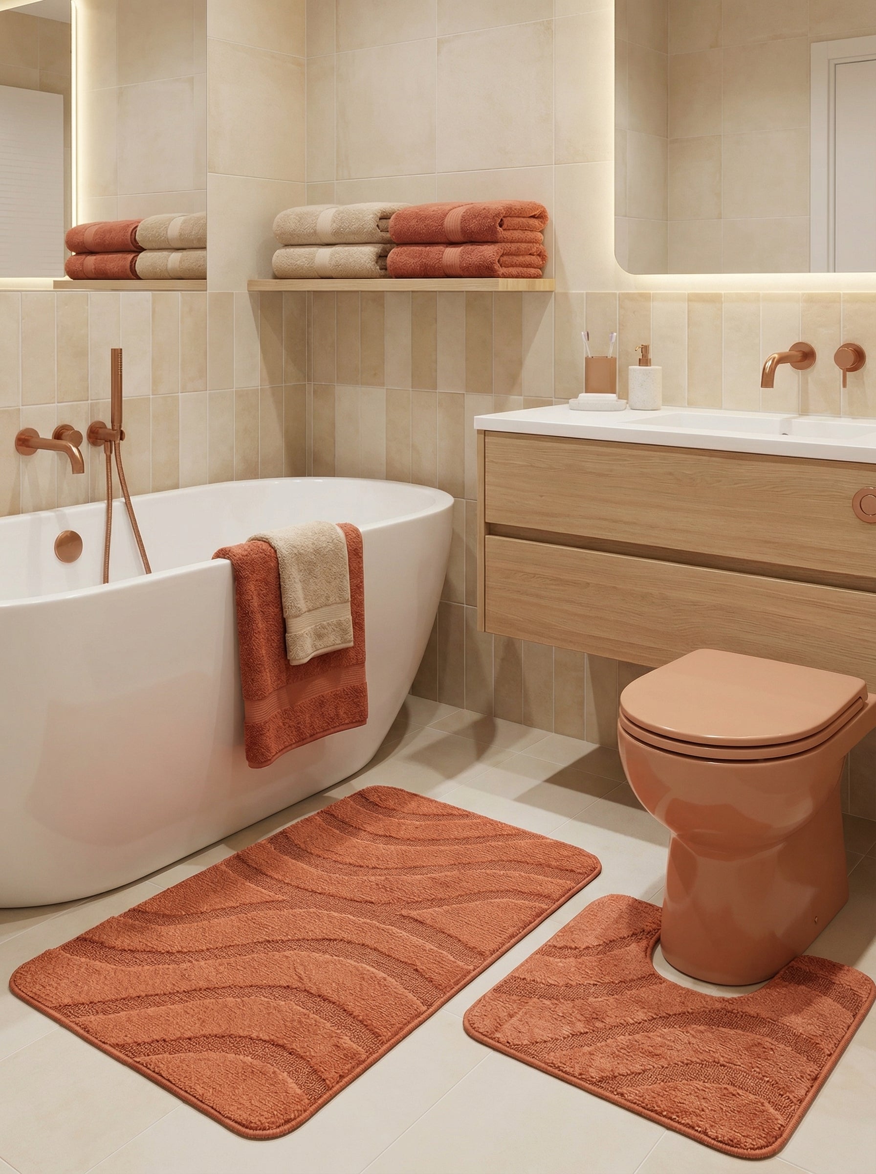 Deux tapis moelleux terracotta avec motifs ondulés en relief sur le carrelage clair d'une salle de bain moderne