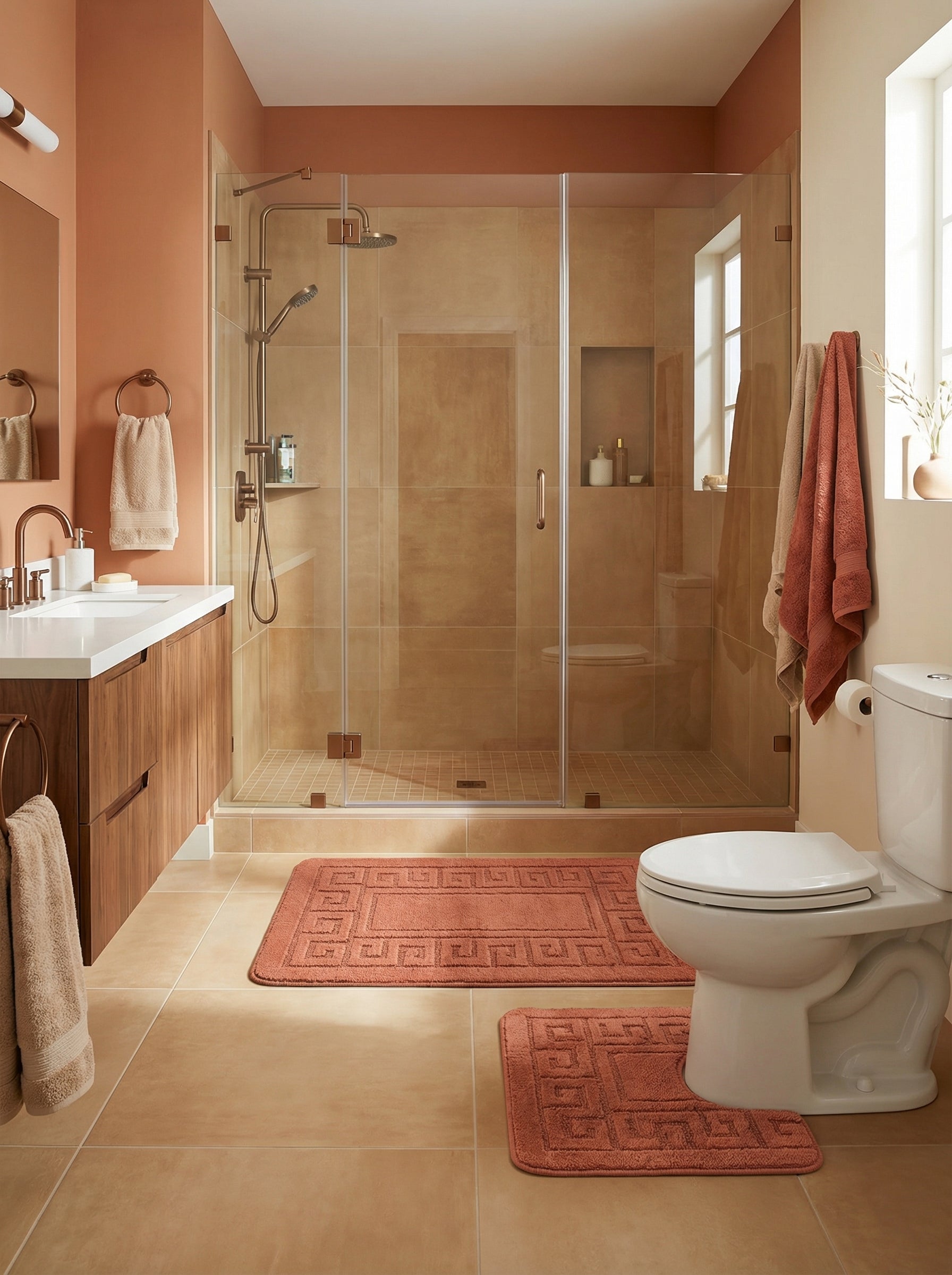 Deux tapis de bain terracotta doux, l'un rectangulaire et l'autre en forme de U avec motif géométrique, dans une salle de bain moderne