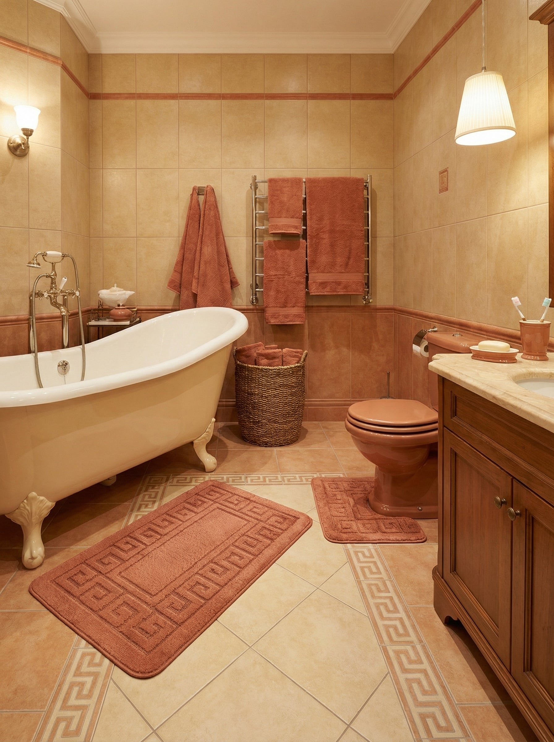 Deux tapis de bain orange brique à motifs de grecques en relief, l'un rectangulaire, l'autre en U, dans une salle de bain
