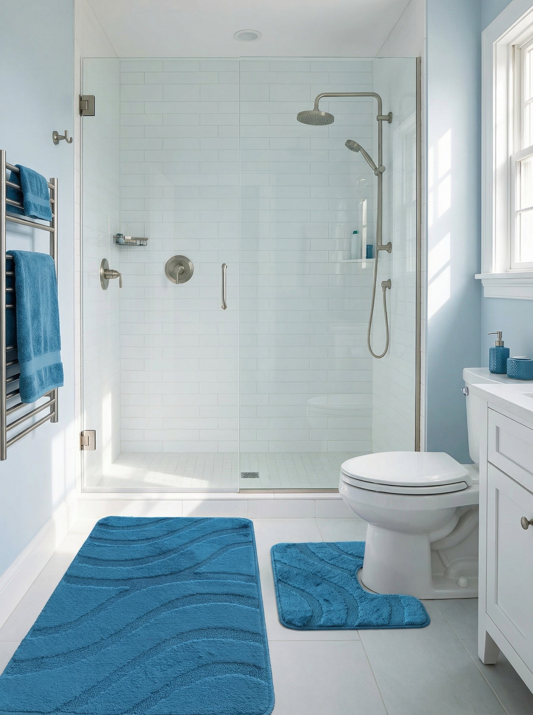 Deux tapis de bain bleus à motifs vagues en relief, un rectangulaire et un en U, sur le sol d'une salle de bain lumineuse
