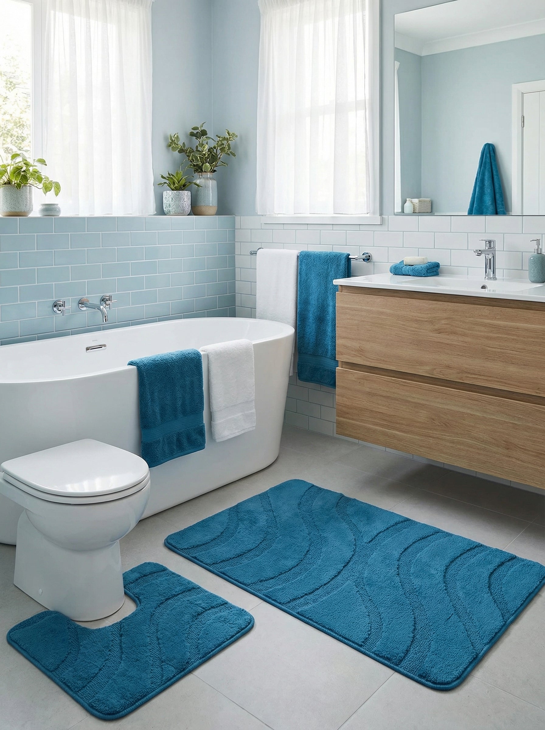 Ensemble de tapis de bain bleu sarcelle en microfibre, à motifs ondulés et texturés, dans une salle de bain moderne