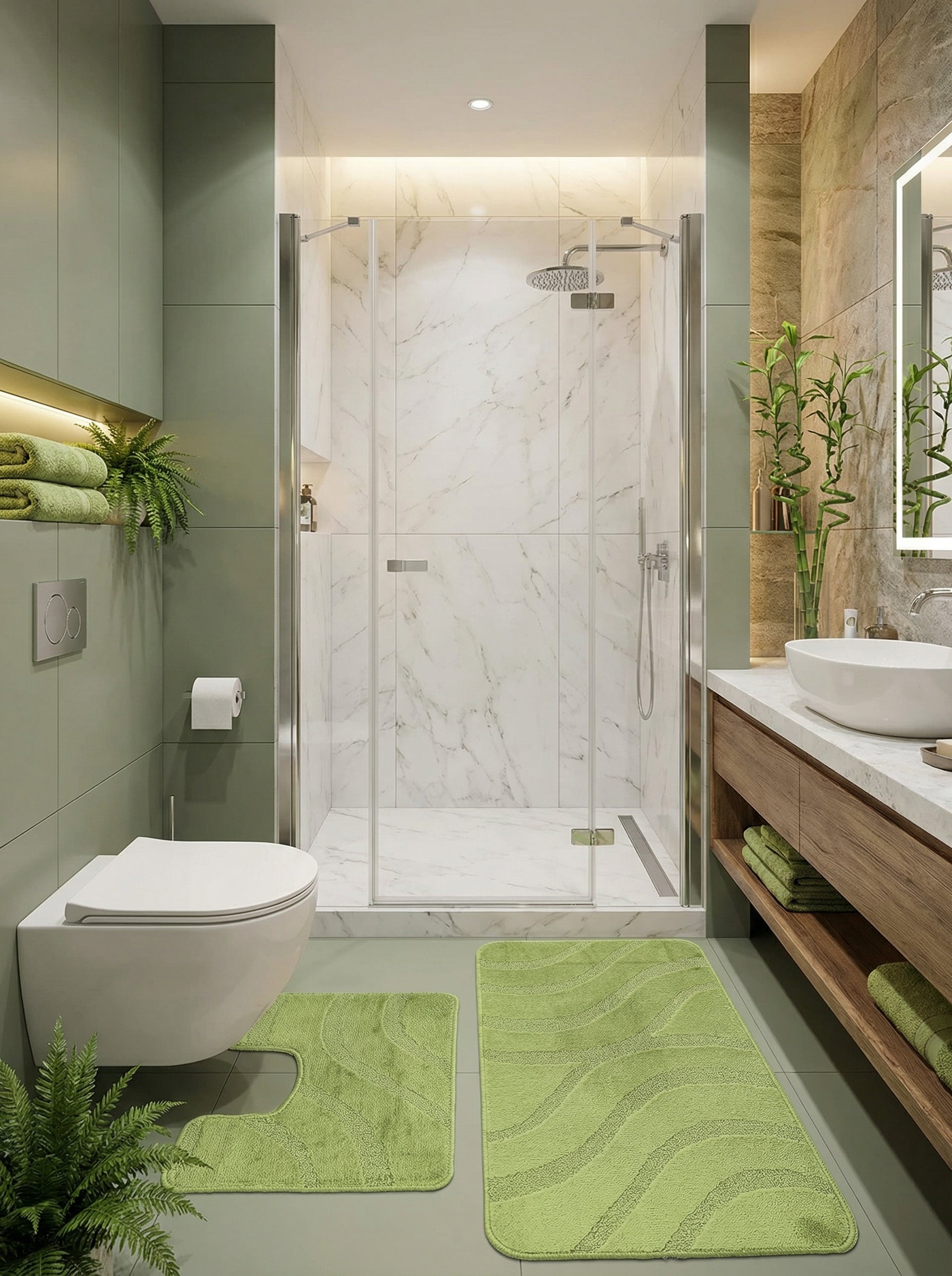 Ensemble de deux tapis de bain vert clair moelleux, l'un rectangulaire et l'autre en U, orné de motifs ondulés dans une salle de bain