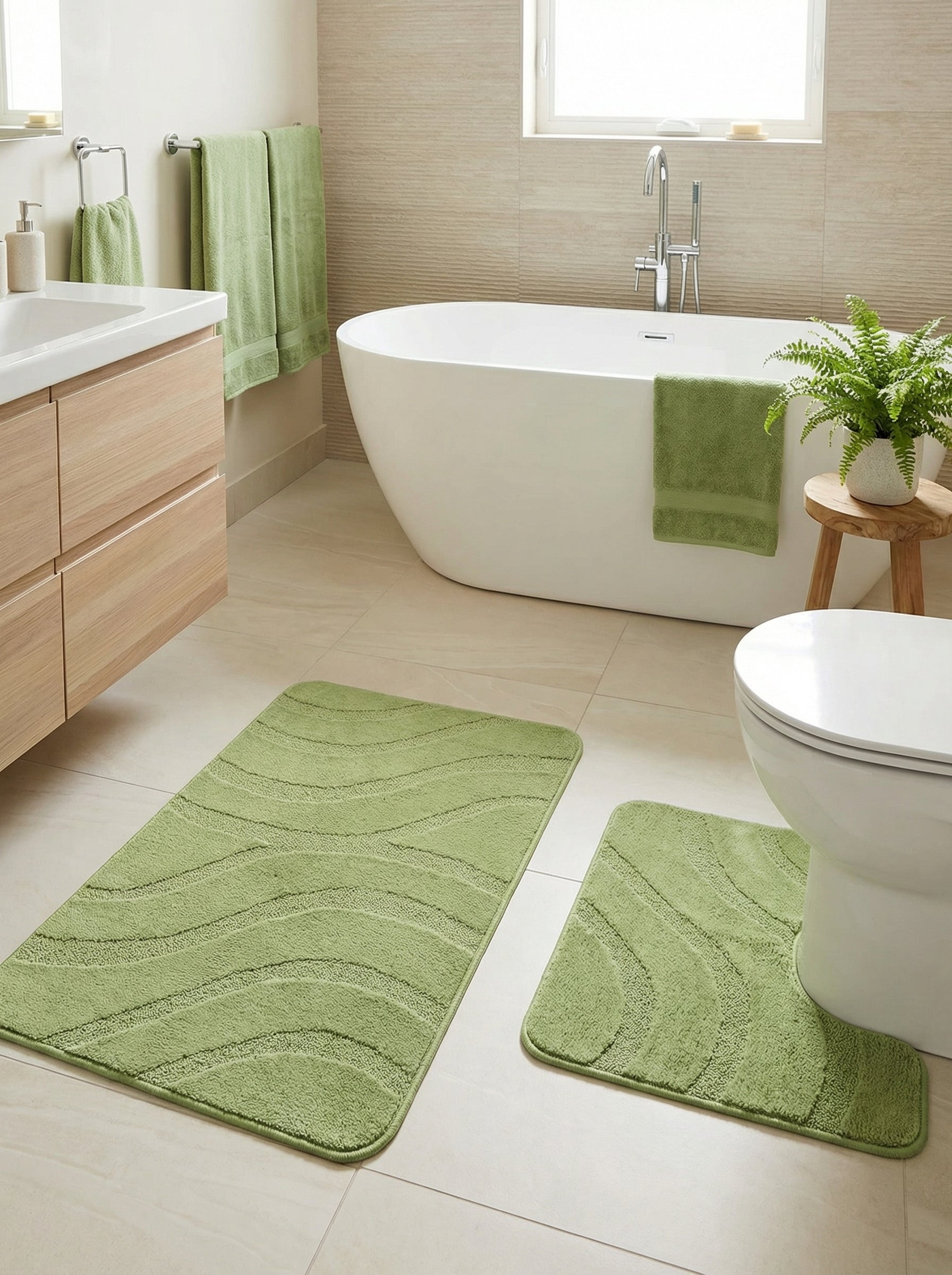 Ensemble de tapis de bain verts anis avec motifs ondulés en relief, l'un rectangulaire et l'autre en U, dans une salle de bain moderne