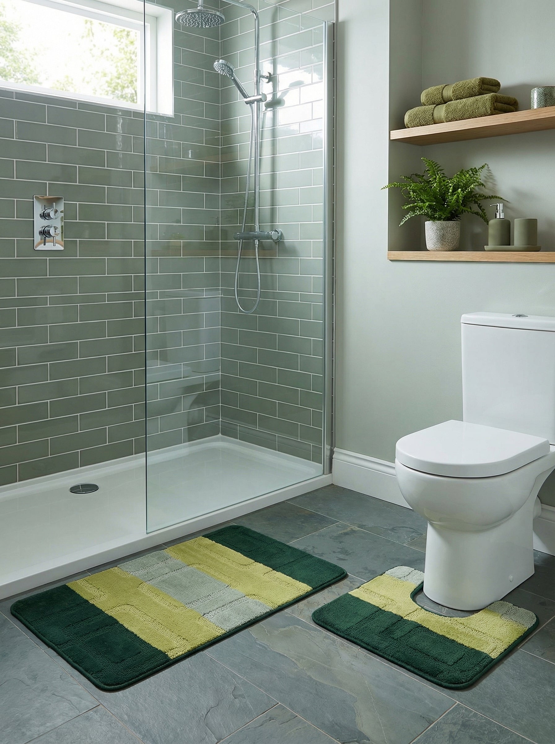 Deux tapis de bain doux, rectangulaire et en U, vert foncé, vert anis et vert gris à motifs géométriques, dans une salle de bain