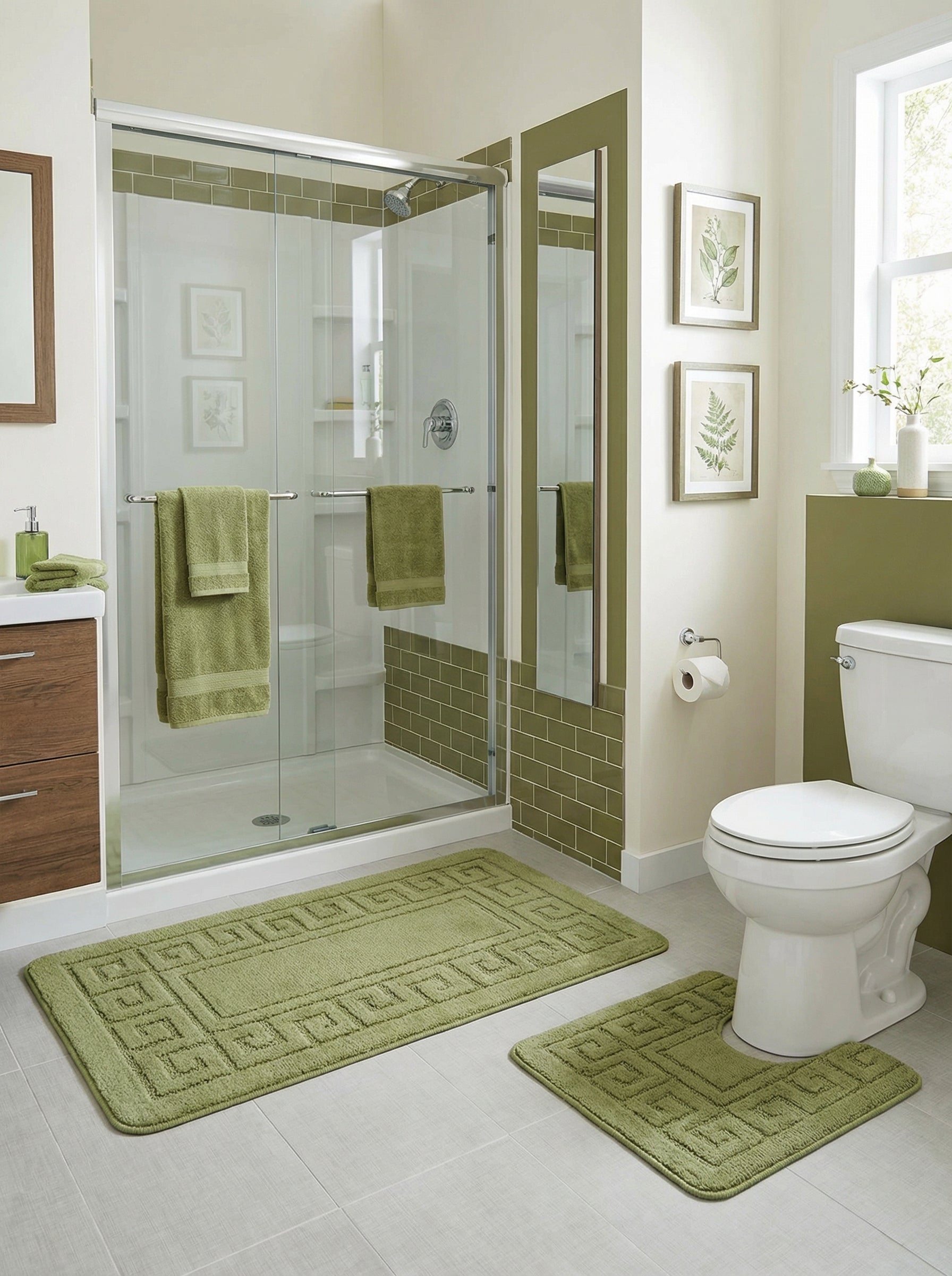Deux tapis de bain vert olive moelleux, l'un rectangulaire allongé et l'autre en U, présentent un motif grec en relief dans une salle de bain lumineuse