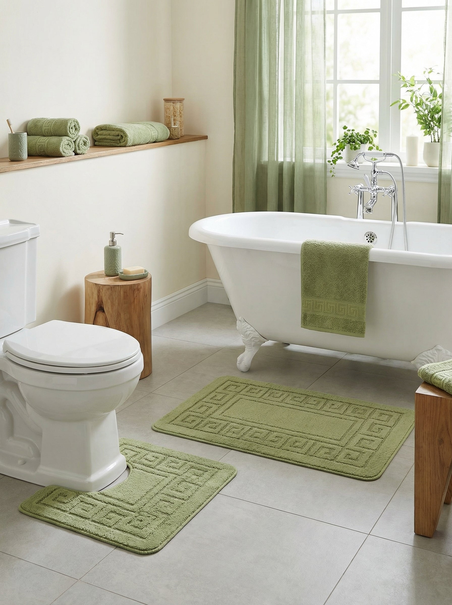 Deux tapis de bain en coton vert clair avec un motif géométrique grec en relief dans une salle de bain