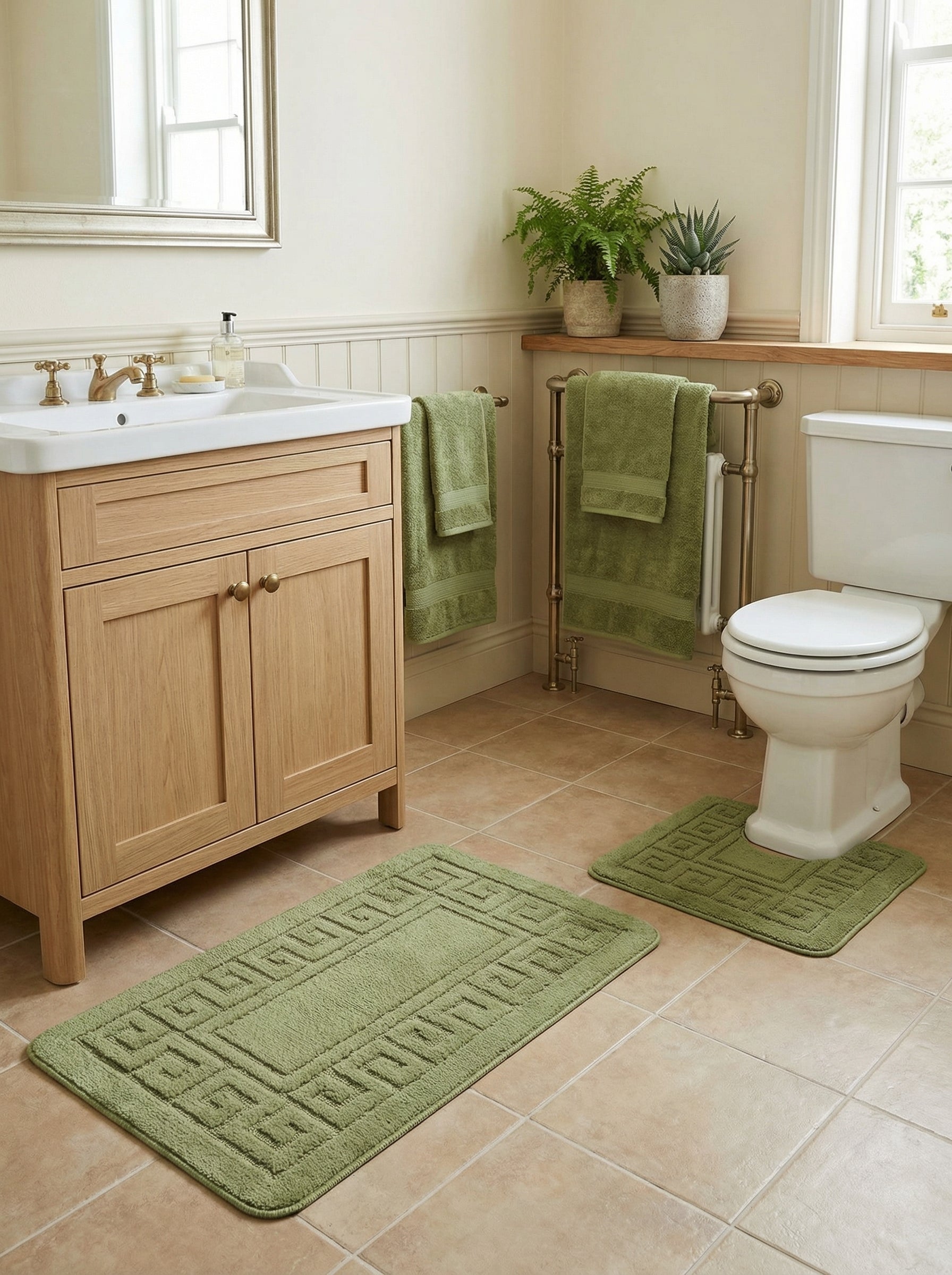 Tapis de bain rectangulaire vert clair en coton bouclé avec un motif géométrique en relief, sur le sol d'une salle de bain