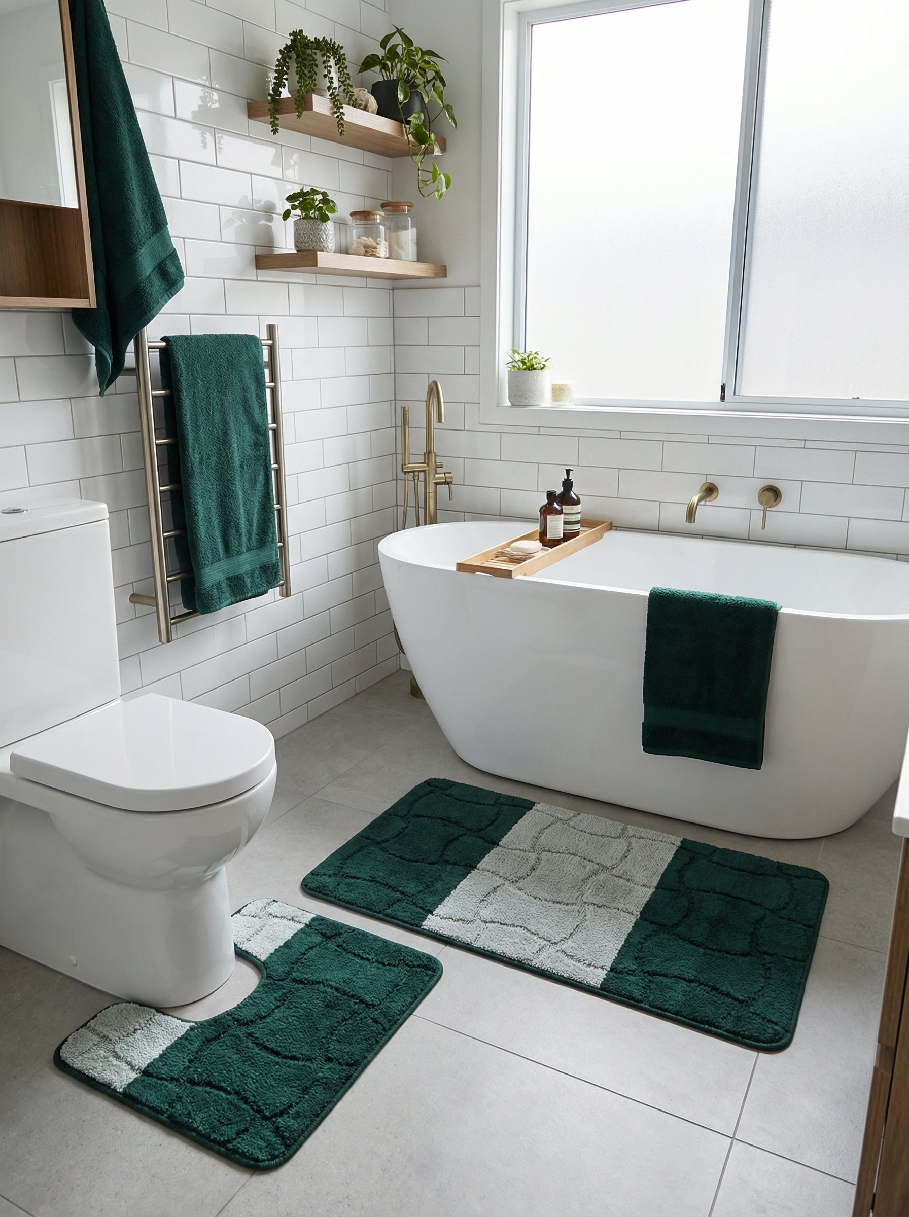 Lot de tapis de bain moelleux, vert foncé et gris clair, avec motifs de pavés, dont un en U, dans une salle de bain