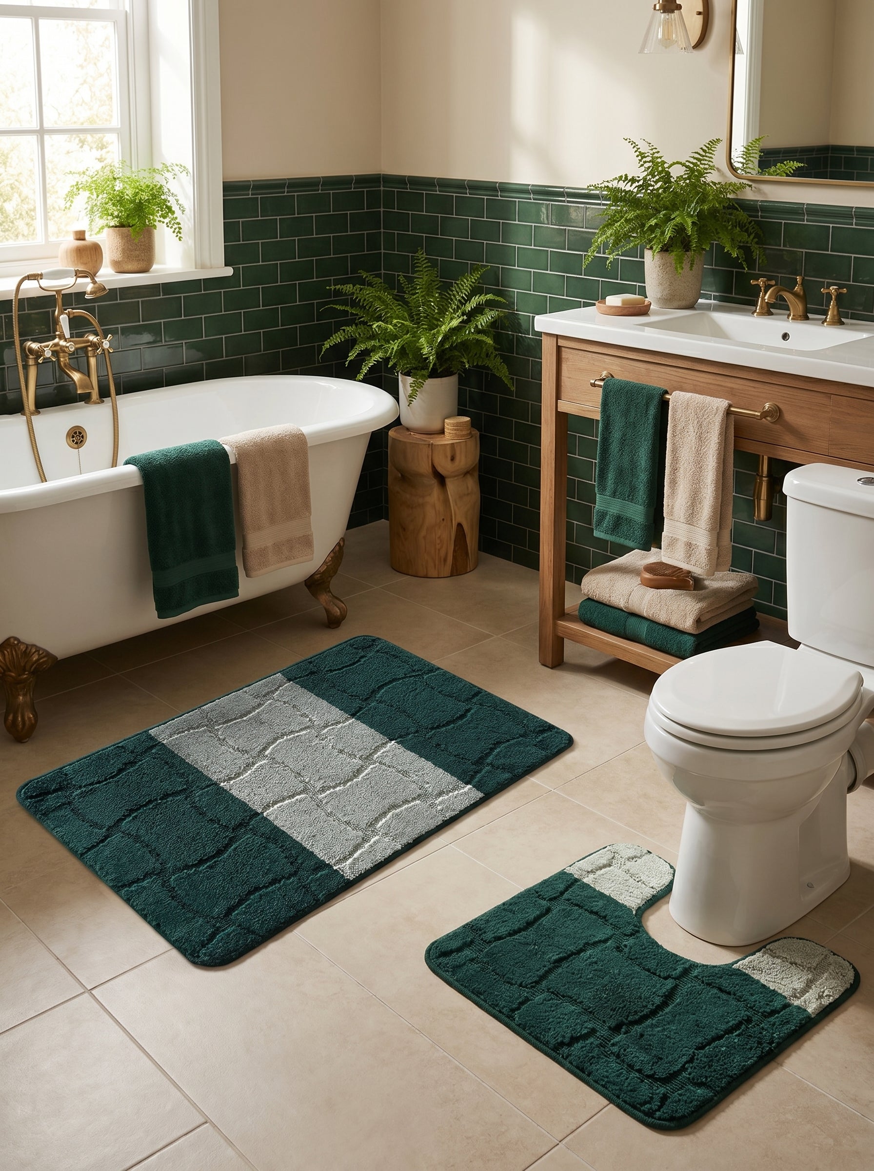 Tapis rectangulaire vert foncé et gris clair, avec motifs de carrés en relief. Un tapis de bain doux et texturé dans une salle de bain lumineuse
