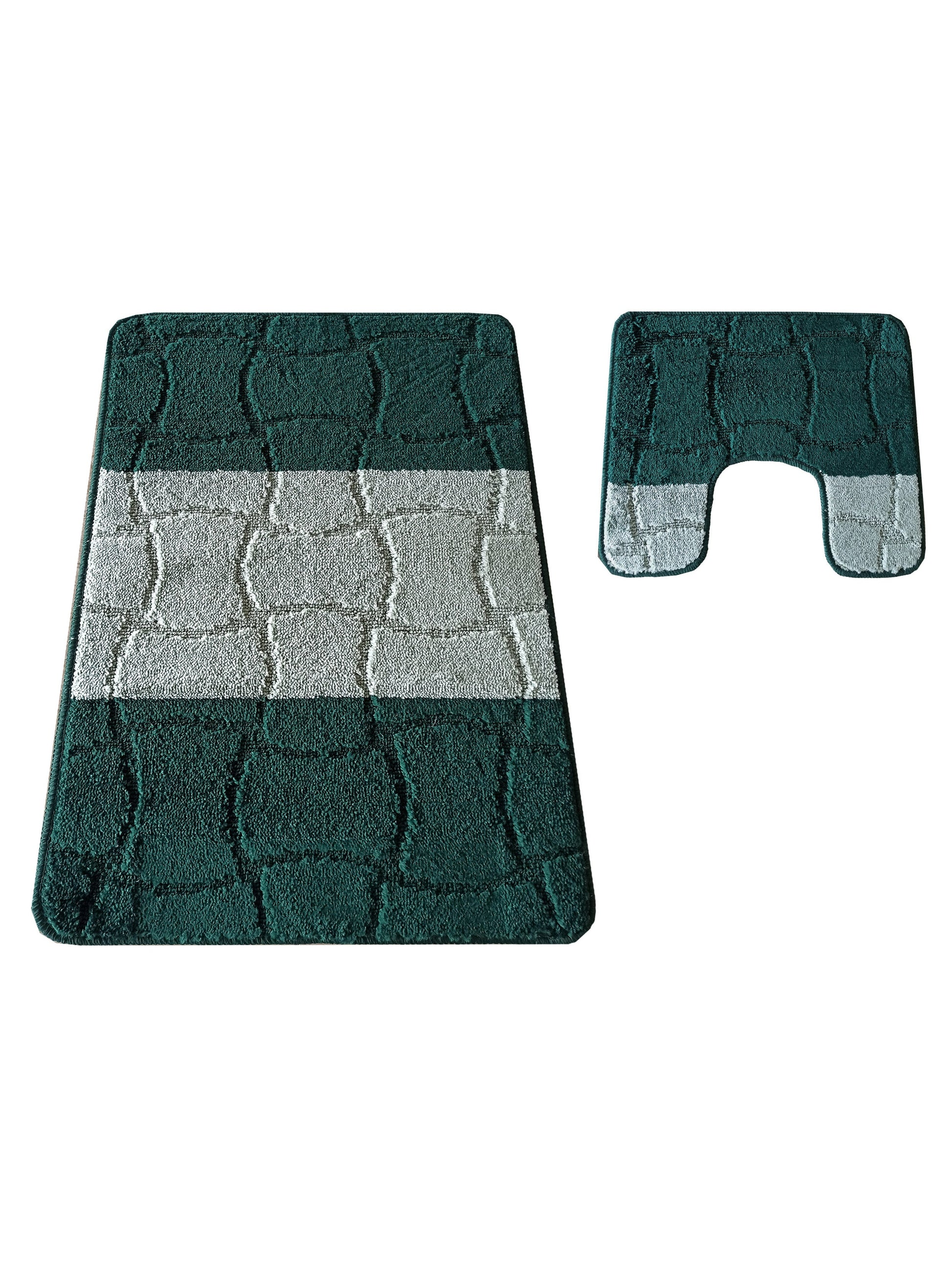 Deux tapis en textile doux vert foncé et gris clair, l'un rectangulaire, l'autre en U. Ils affichent un motif en relief de blocs texturés