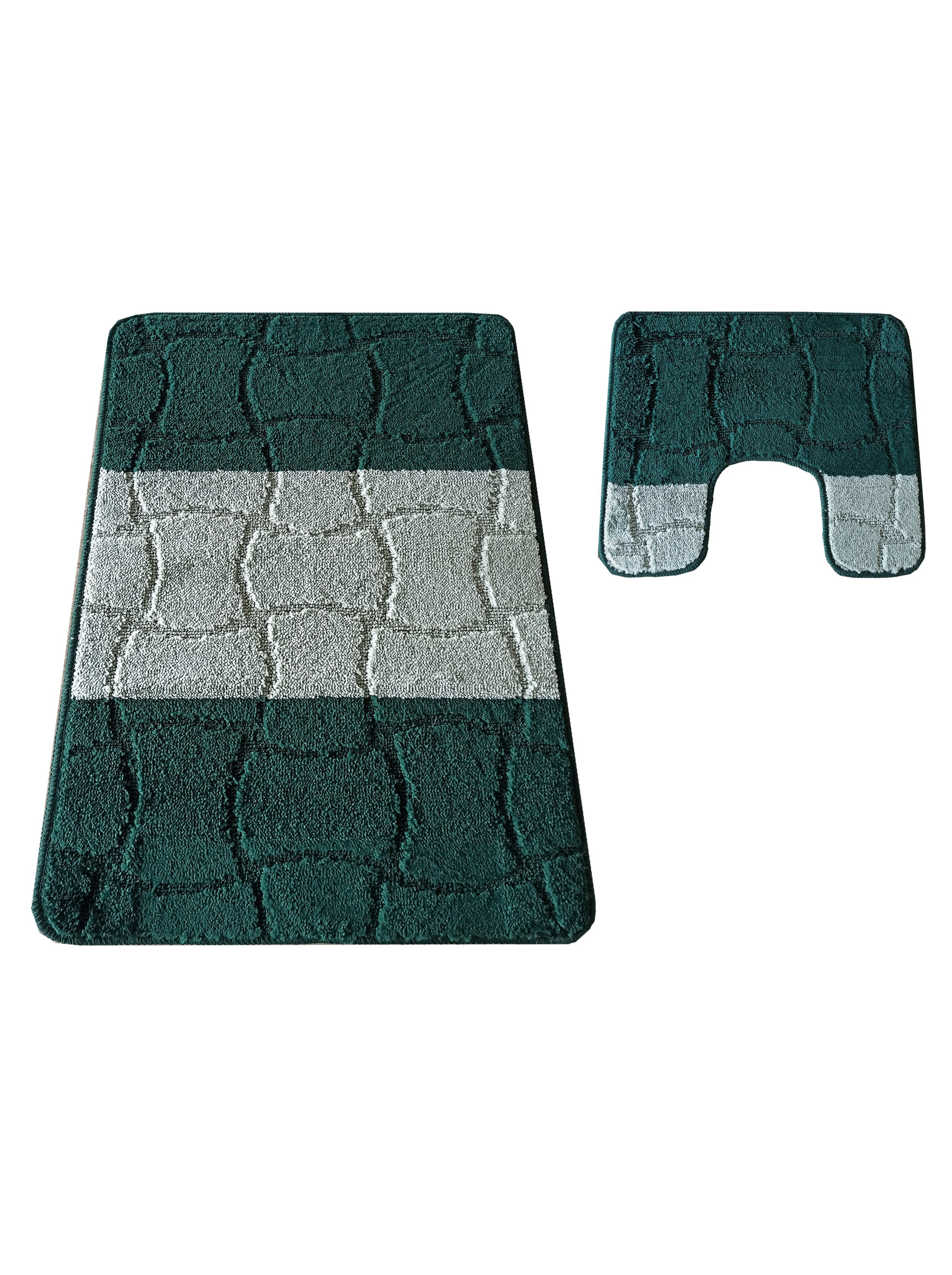 Deux tapis en textile doux vert foncé et gris clair, l'un rectangulaire, l'autre en U. Ils affichent un motif en relief de blocs texturés