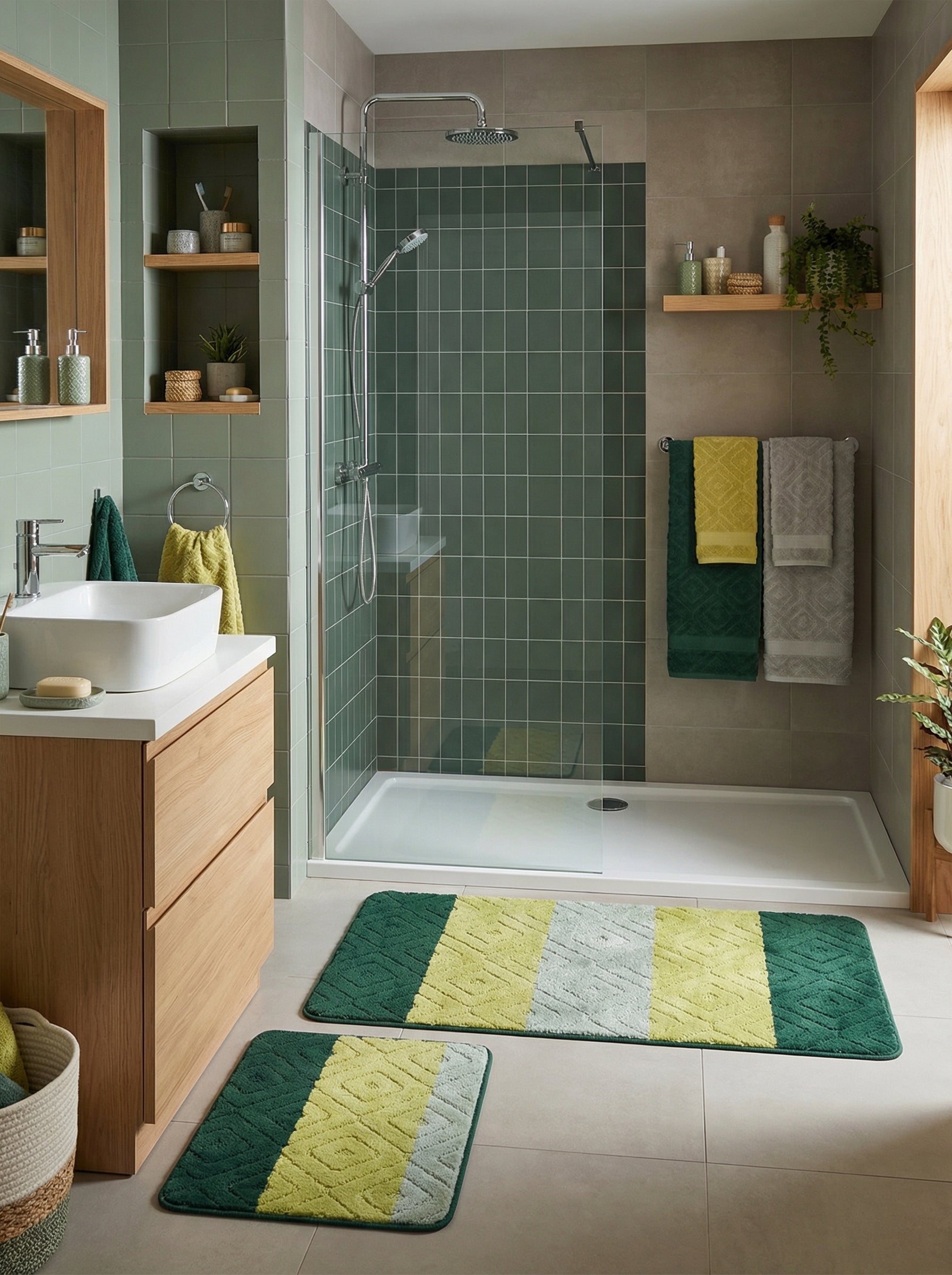 Tapis rectangulaire moelleux à rayures verticales vert foncé, vert clair et gris, avec des motifs de losanges en relief, dans une salle de bain
