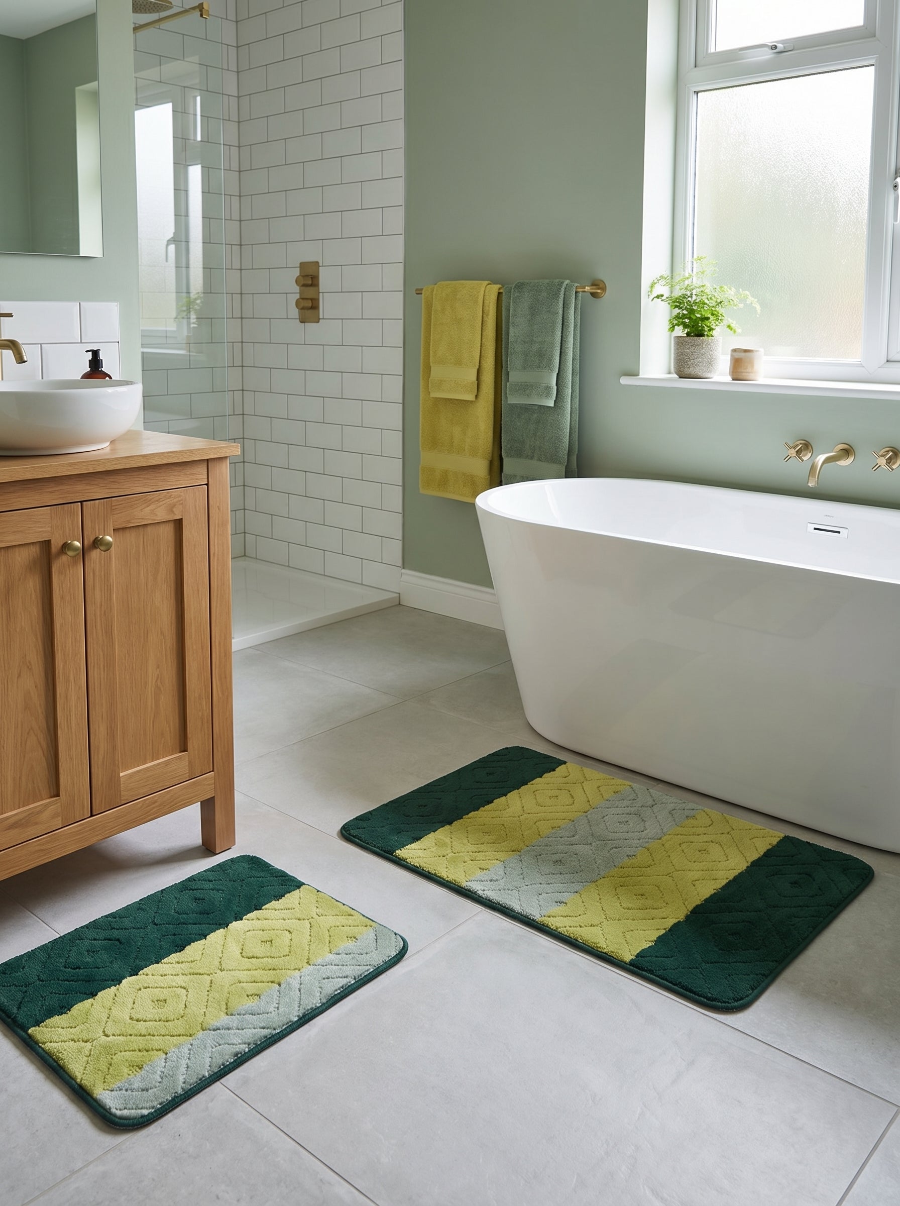 Deux tapis de bain rectangulaires verts foncé, vert anis et gris clair, avec motifs géométriques losanges, dans une salle de bain