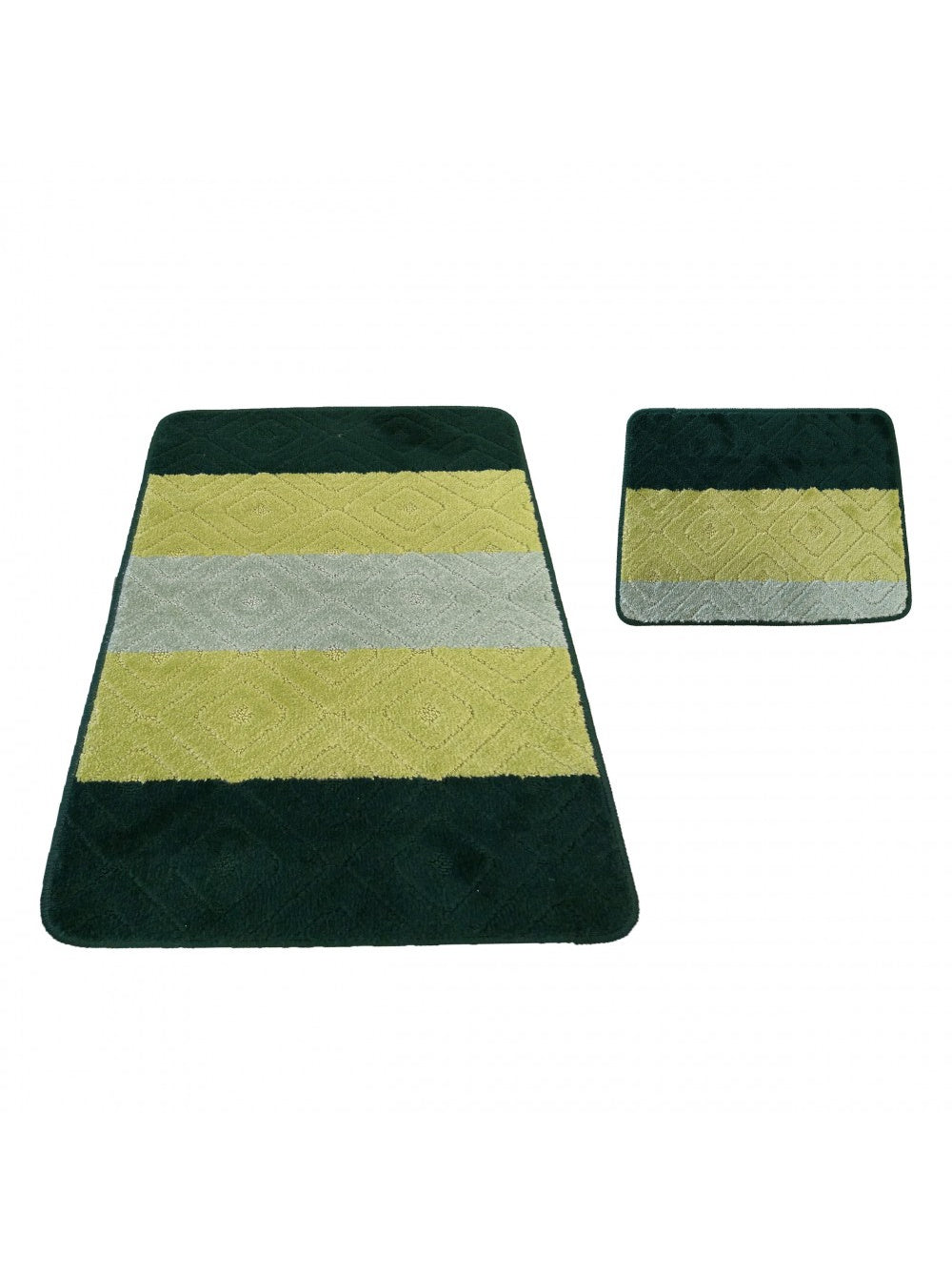 Deux tapis textiles à rayures horizontales vert foncé, vert clair et gris, avec un motif de losanges en relief
