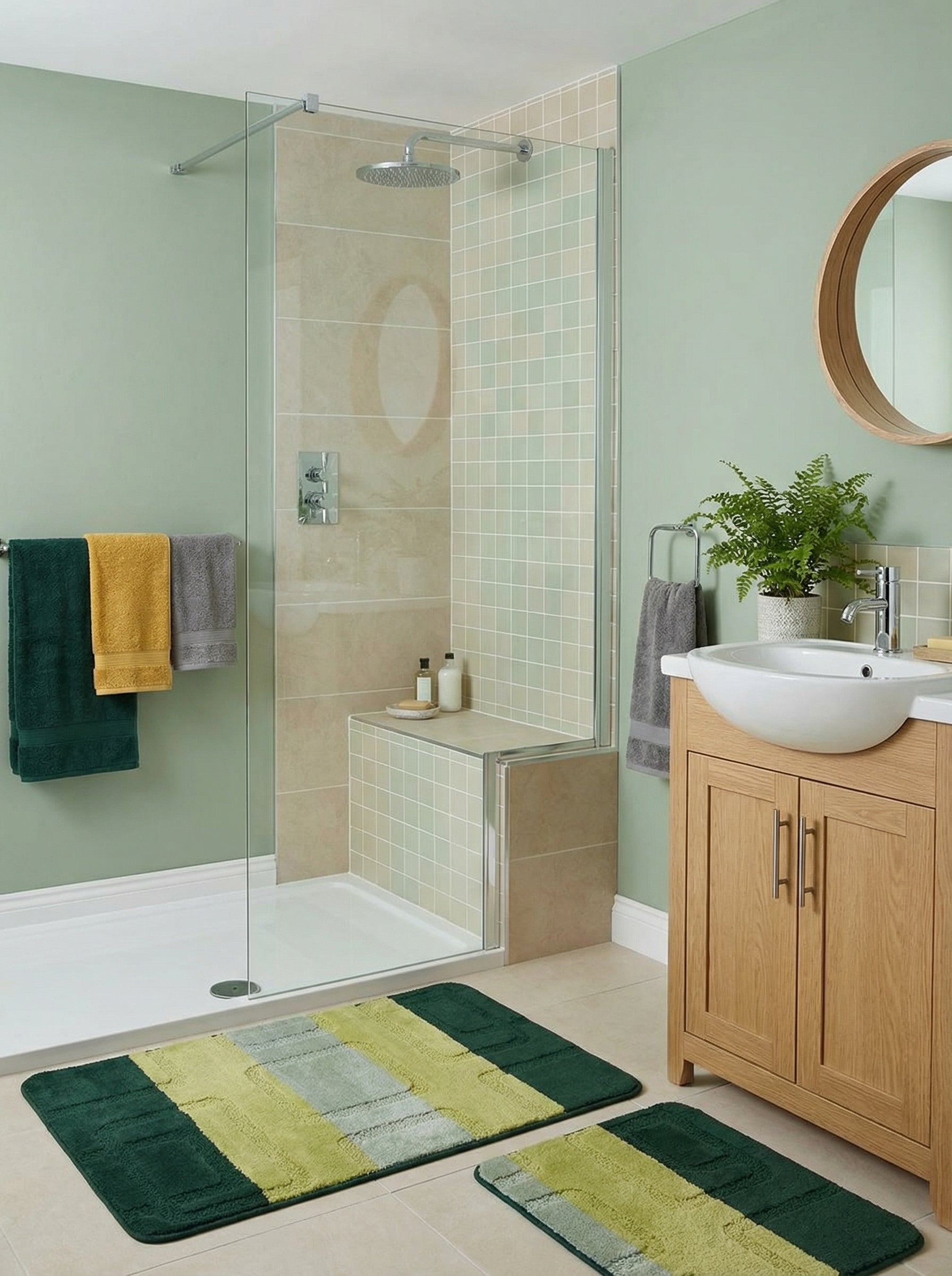 Tapis de bain rectangulaire moelleux vert foncé, vert citron et gris clair à blocs de couleur géométriques, dans une salle de bain