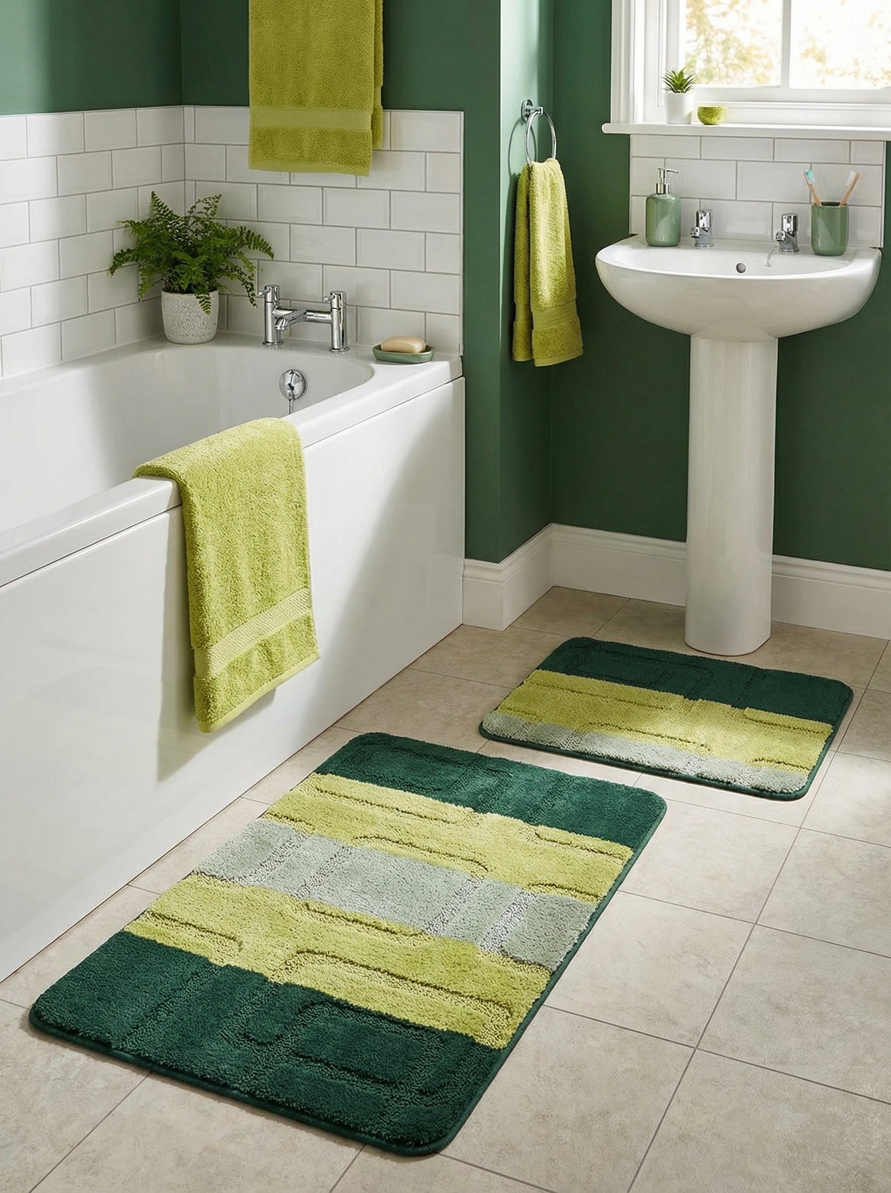 Deux tapis de bain rectangulaires en tissu bouclé, avec des bandes vert foncé, vert clair et gris-vert, dans une salle de bain