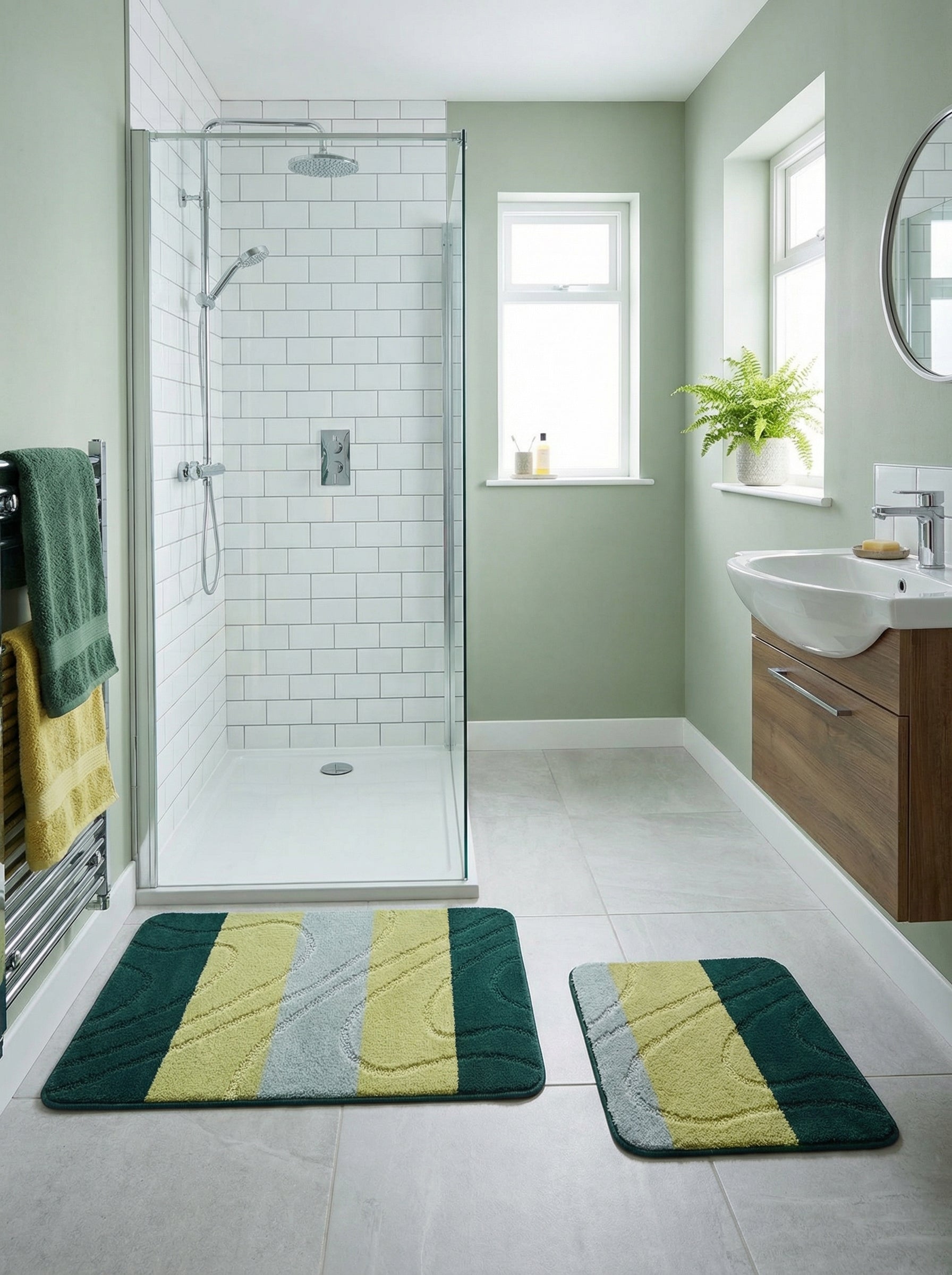 Tapis vert foncé, jaune clair et gris clair à motifs ondulés en relief sur le sol carrelé d'une salle de bain