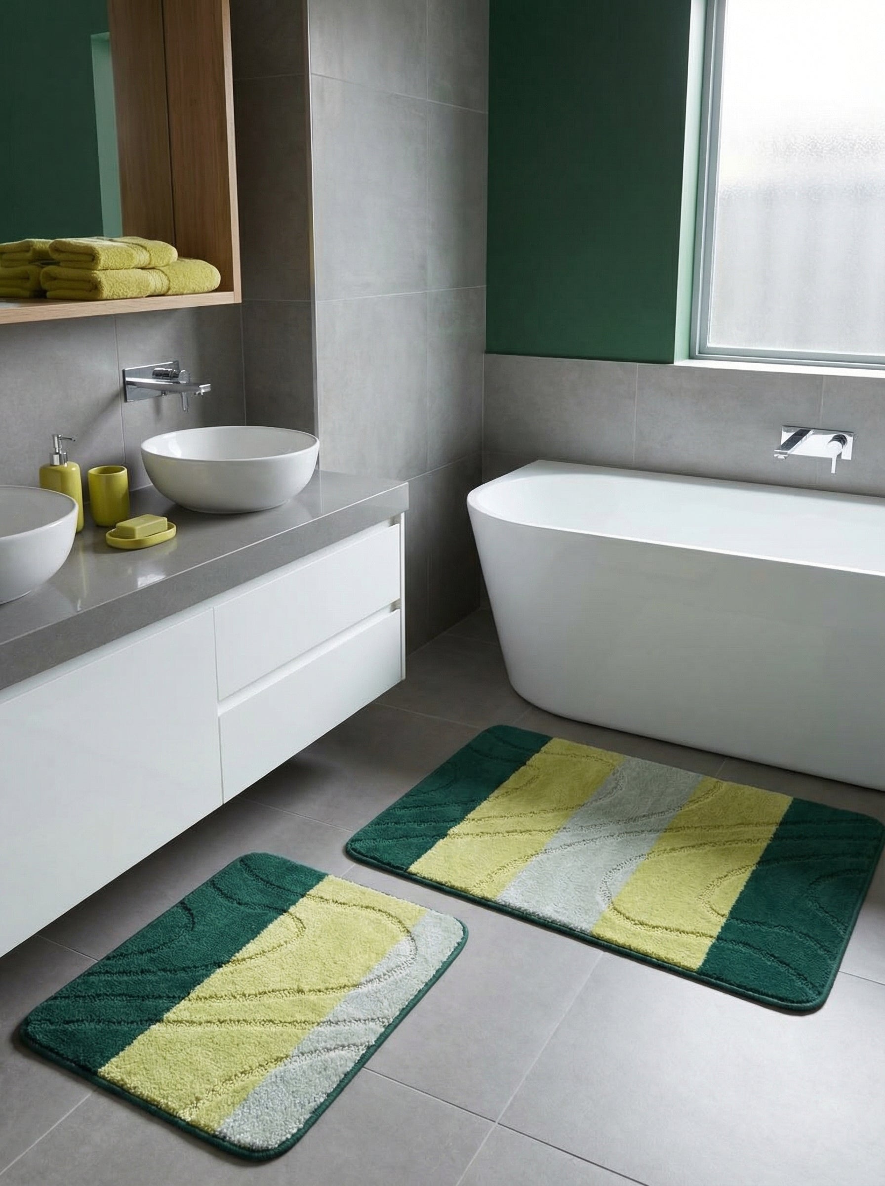Deux tapis de bain rectangulaires vert foncé, vert anis et gris clair avec des motifs ondulés, dans une salle de bain moderne