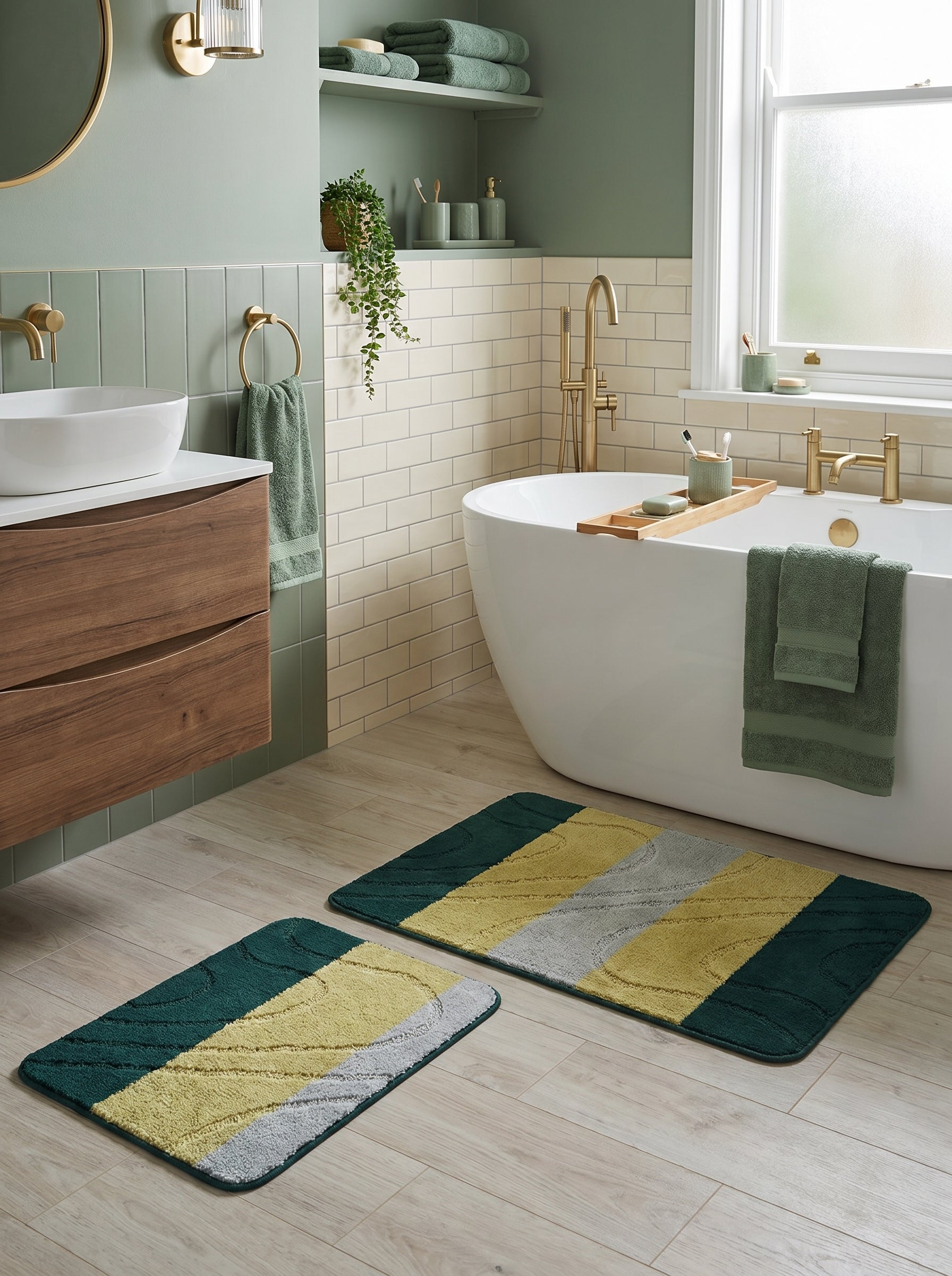 Deux tapis de bain rectangulaires moelleux vert foncé, jaune moutarde et gris clair à motifs ondulés sur le sol d'une salle de bain