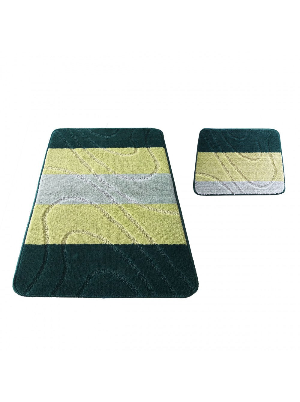 Deux tapis aux coins arrondis avec des bandes horizontales vert foncé, vert clair et gris clair, ornés de motifs ondulés texturés