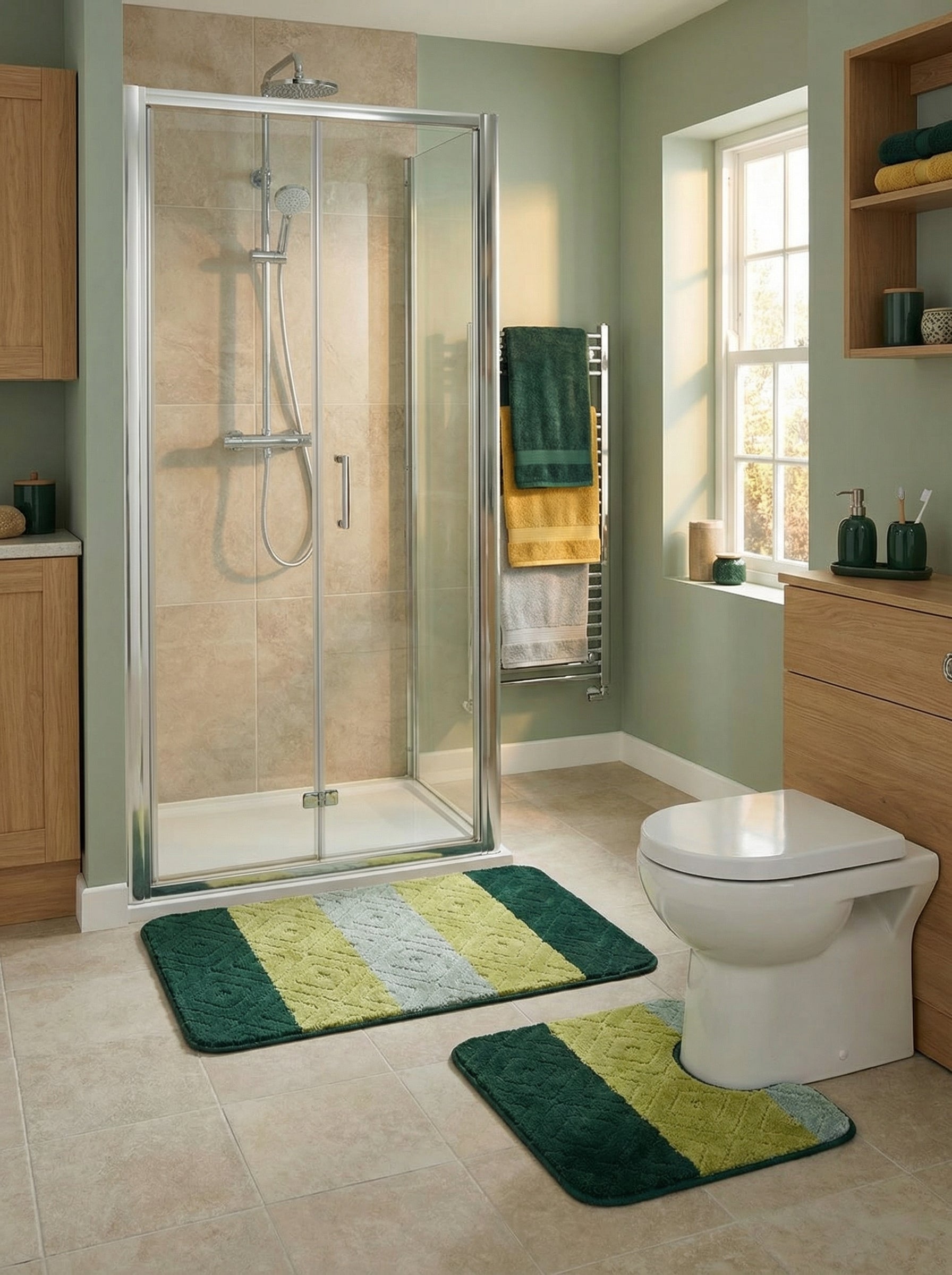 Deux tapis de bain assortis, rayés vert foncé, vert citron et gris clair à motifs, posés sur le sol carrelé d'une salle de bain