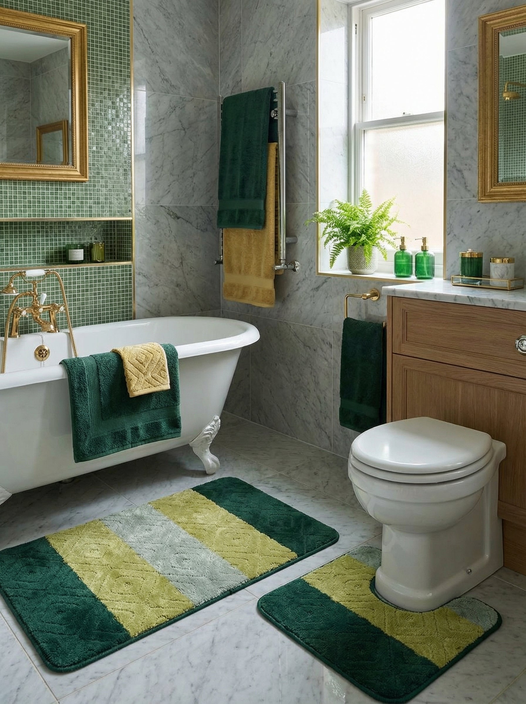 Tapis de bain moelleux à rayures diagonales vert forêt, vert lime et gris clair, l'un rectangulaire, l'autre profilé, dans une salle de bain lumineuse