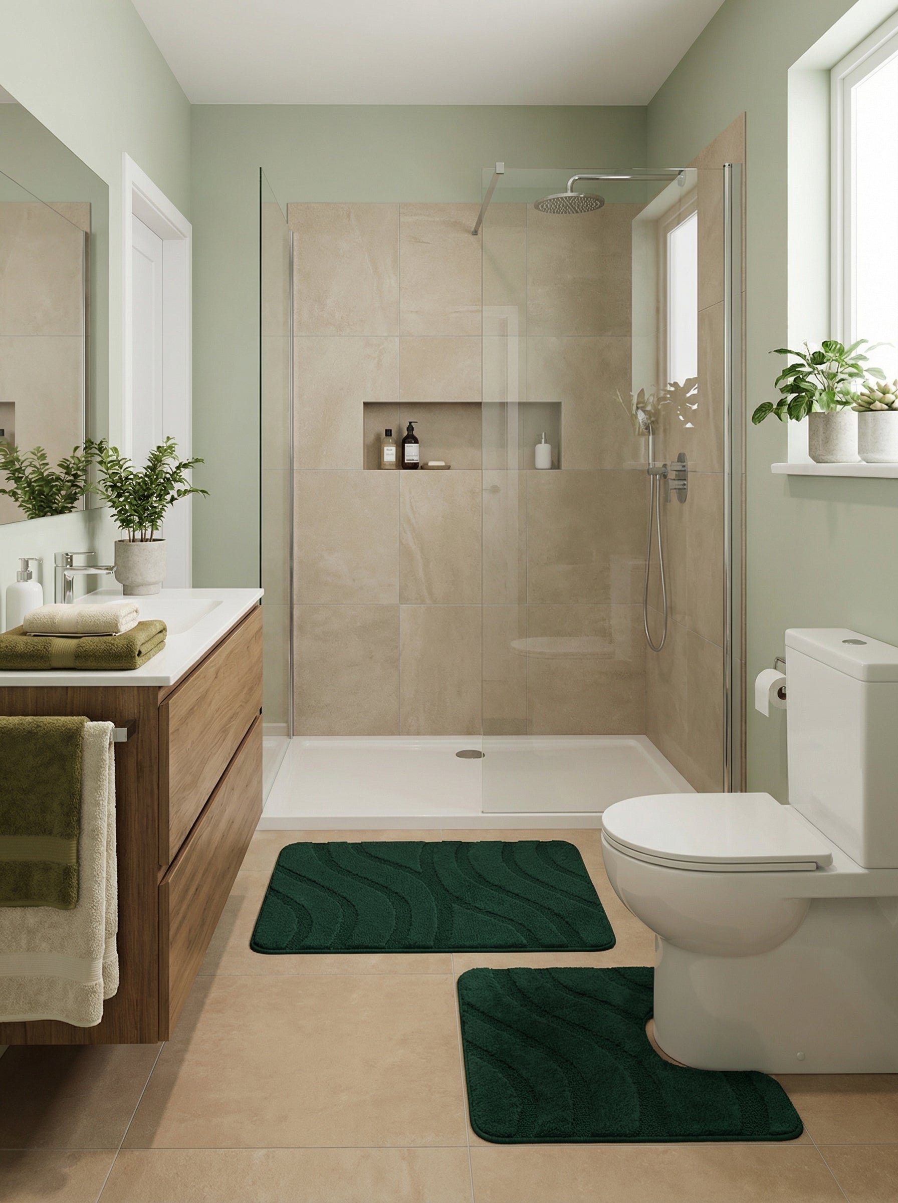 Deux tapis de bain vert foncé à motifs de vagues texturées, l'un rectangulaire et l'autre en U, dans une salle de bain moderne