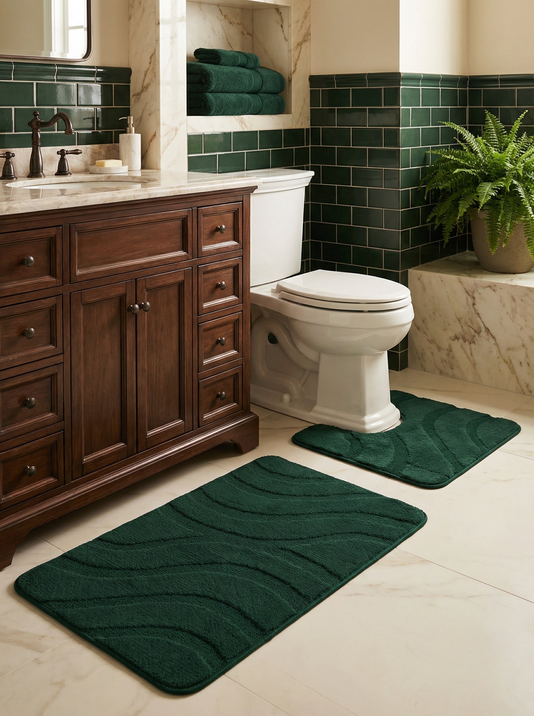 Deux tapis de bain vert foncé, l'un rectangulaire et l'autre en U, avec des motifs ondulés en relief, dans une salle de bain