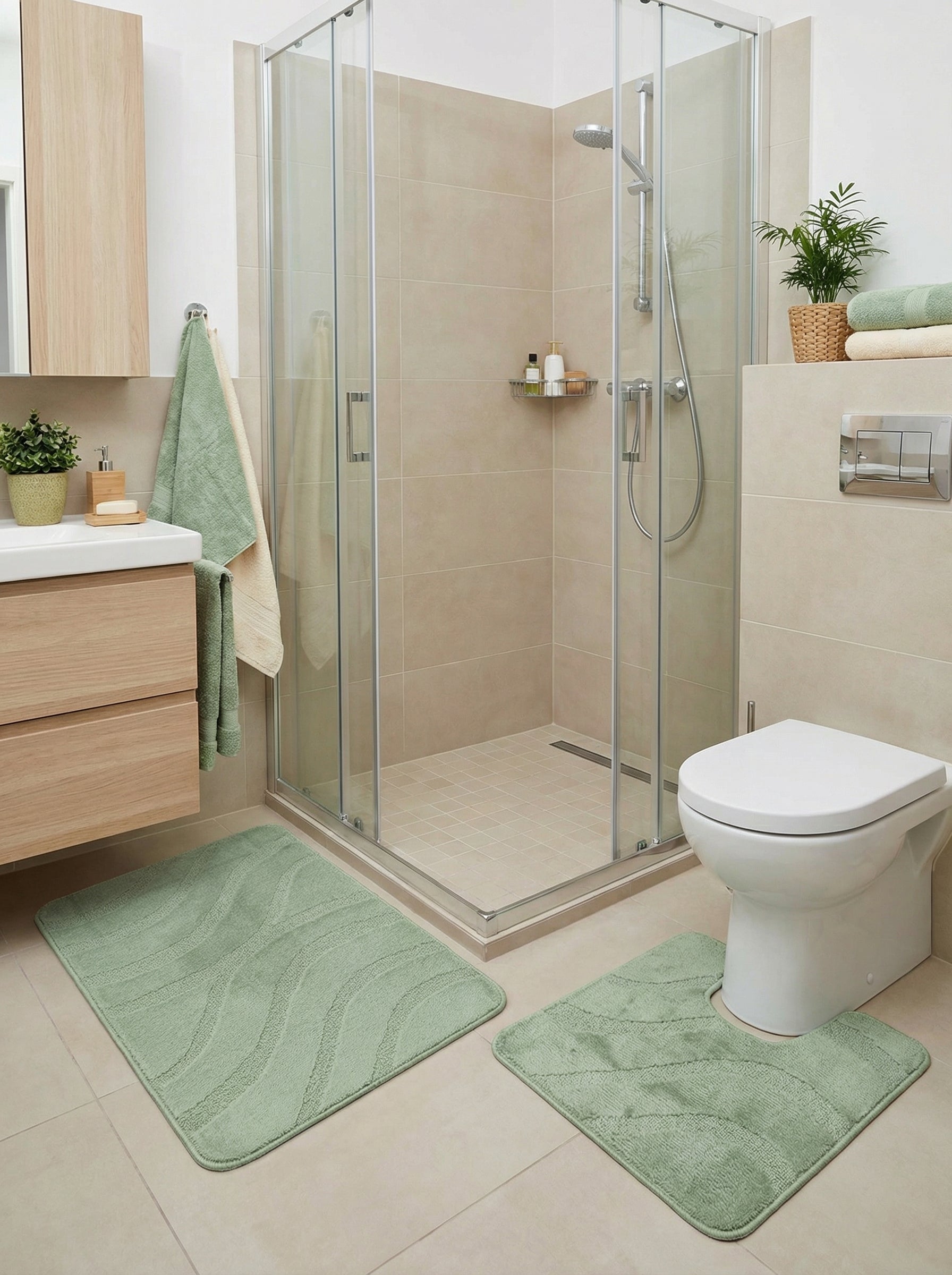 Paire de tapis de bain verts, moelleux avec motifs ondulés, dont un en U pour le WC, dans une salle de bain lumineuse