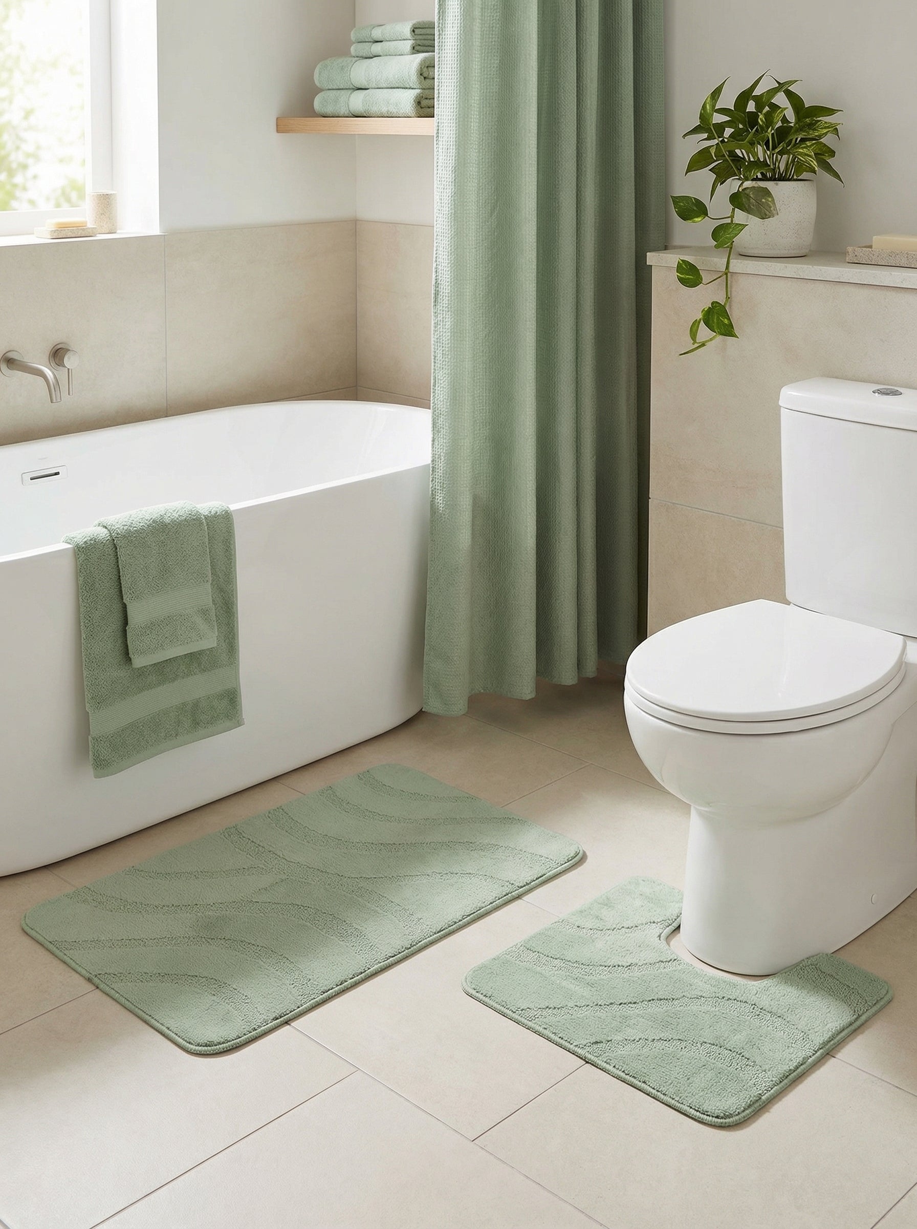 Deux tapis de bain moelleux vert sauge avec des motifs ondulés en relief, un rectangulaire et un en U, dans une salle de bain