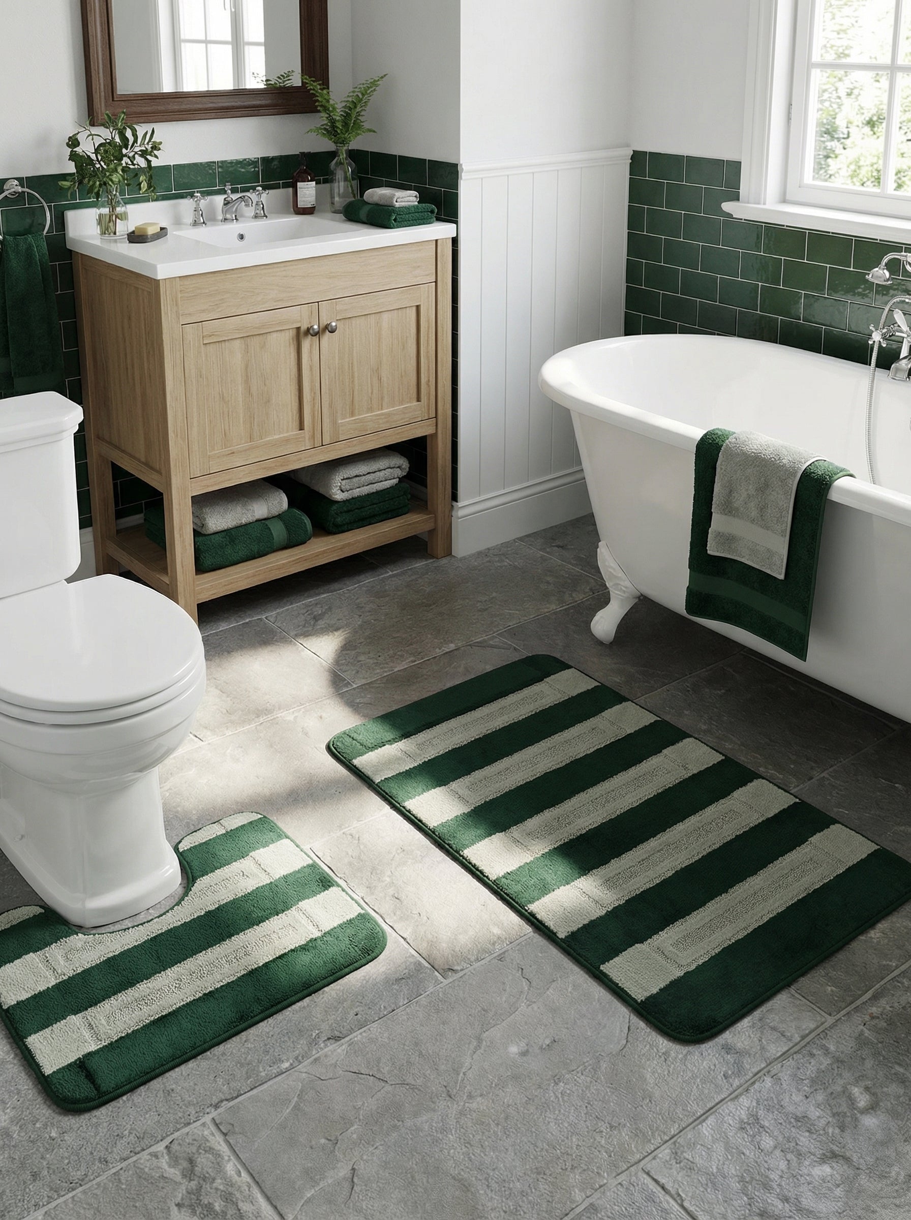 Deux tapis de bain verts et crème à larges rayures, l'un rectangulaire et l'autre en U, sur un sol carrelé de salle de bain