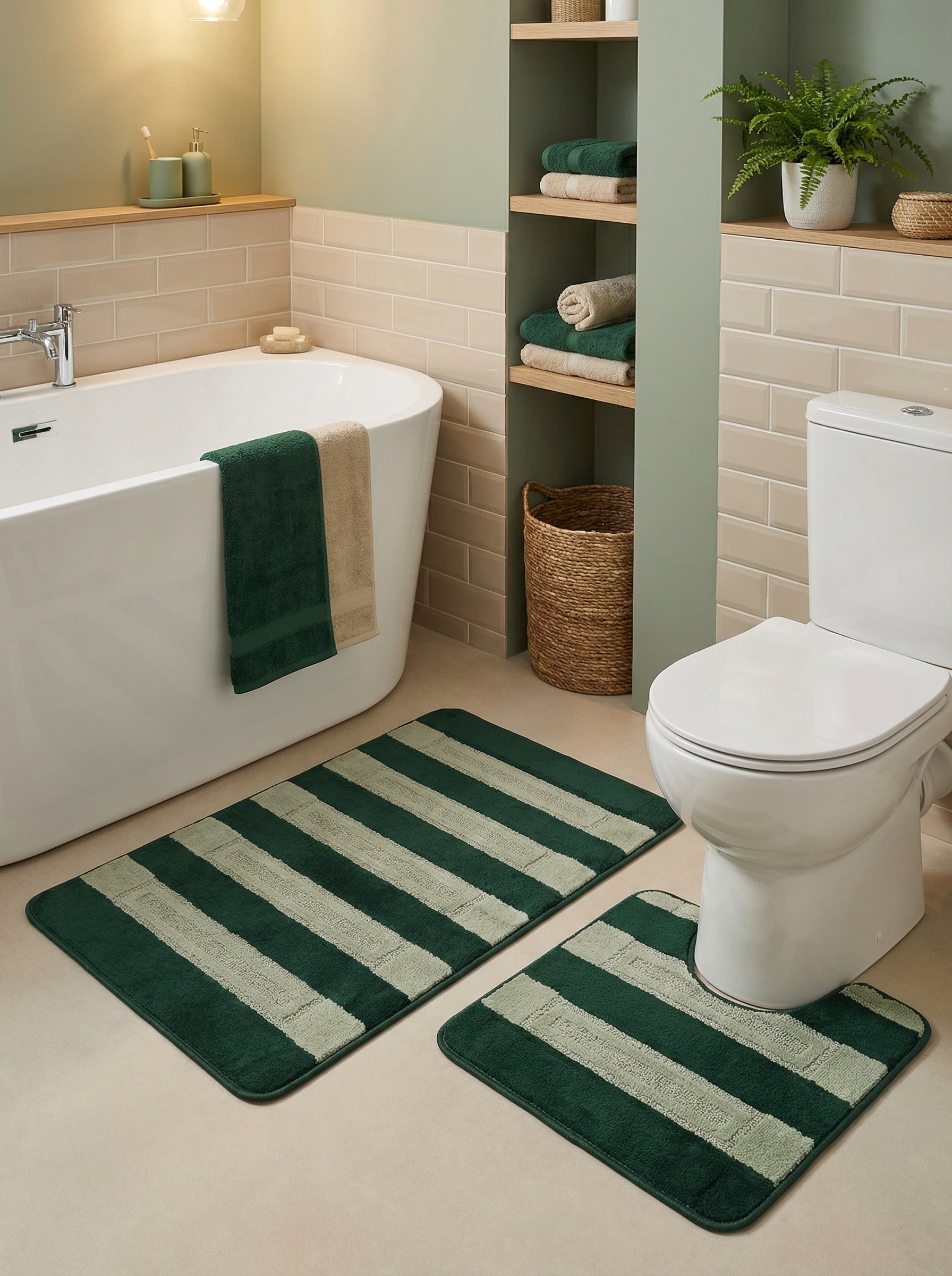 Deux tapis de bain en tissu éponge à rayures vert foncé et beige clair, l'un rectangulaire, l'autre en U, dans une salle de bain